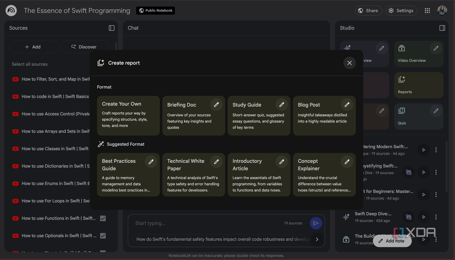 NotebookLM Create report option in the Swift notebook