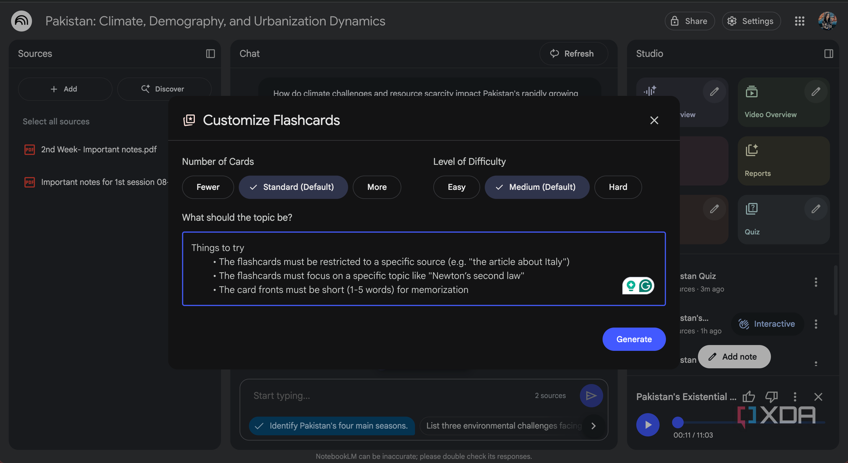 NotebookLM Customize Flashcards feature