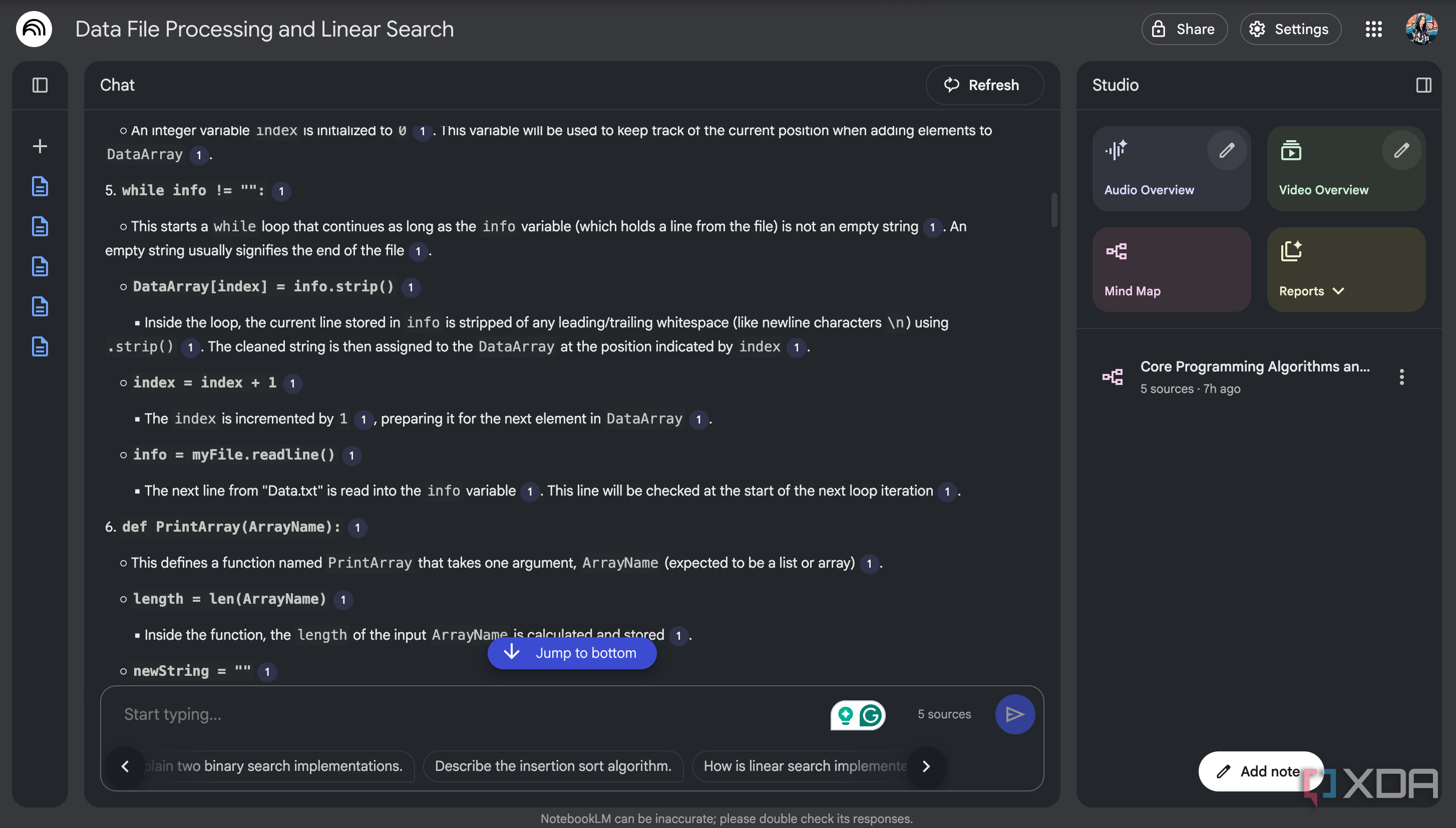 NotebookLM explaining the code step by step