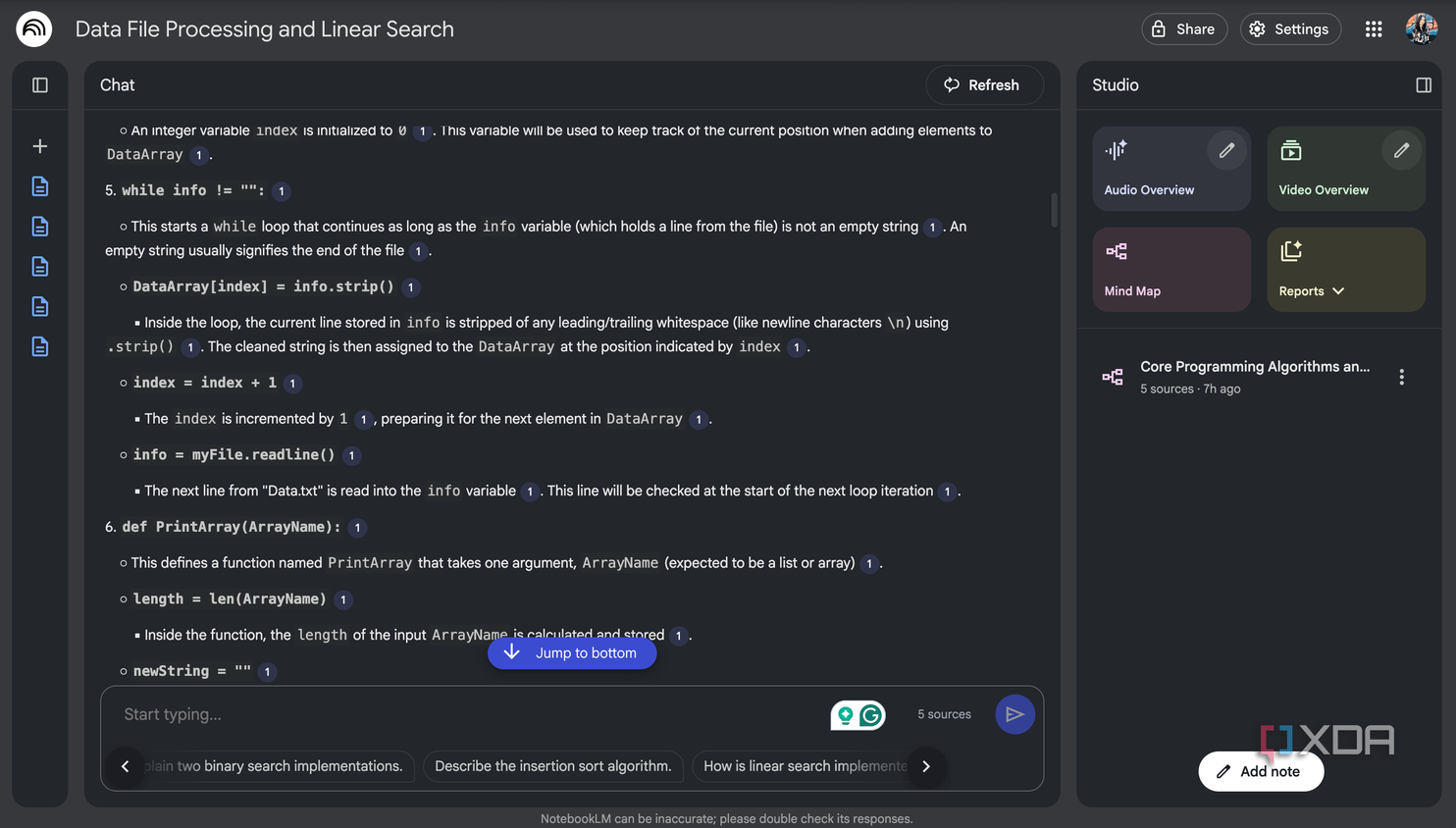 NotebookLM explaining the code step by step