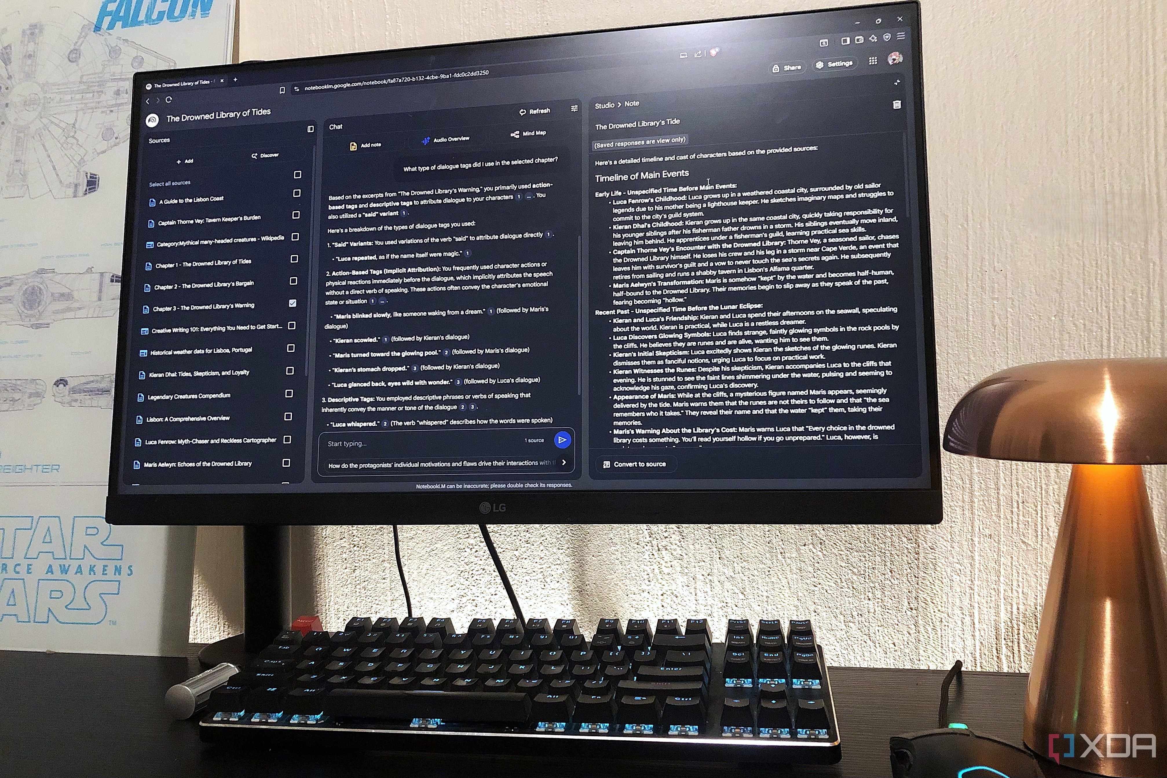 NotebookLM notebook with writing sources displayed on desktop pc, lamp in view