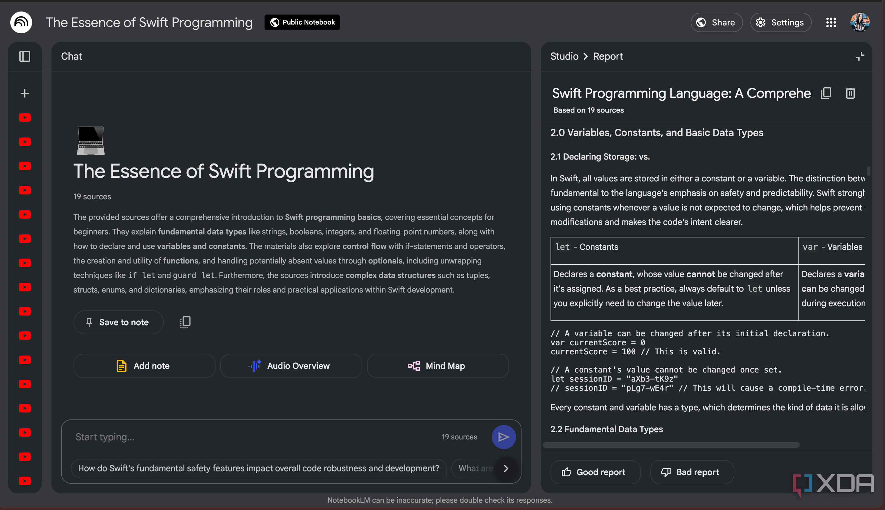 NotebookLM Swift programming language custom report generated
