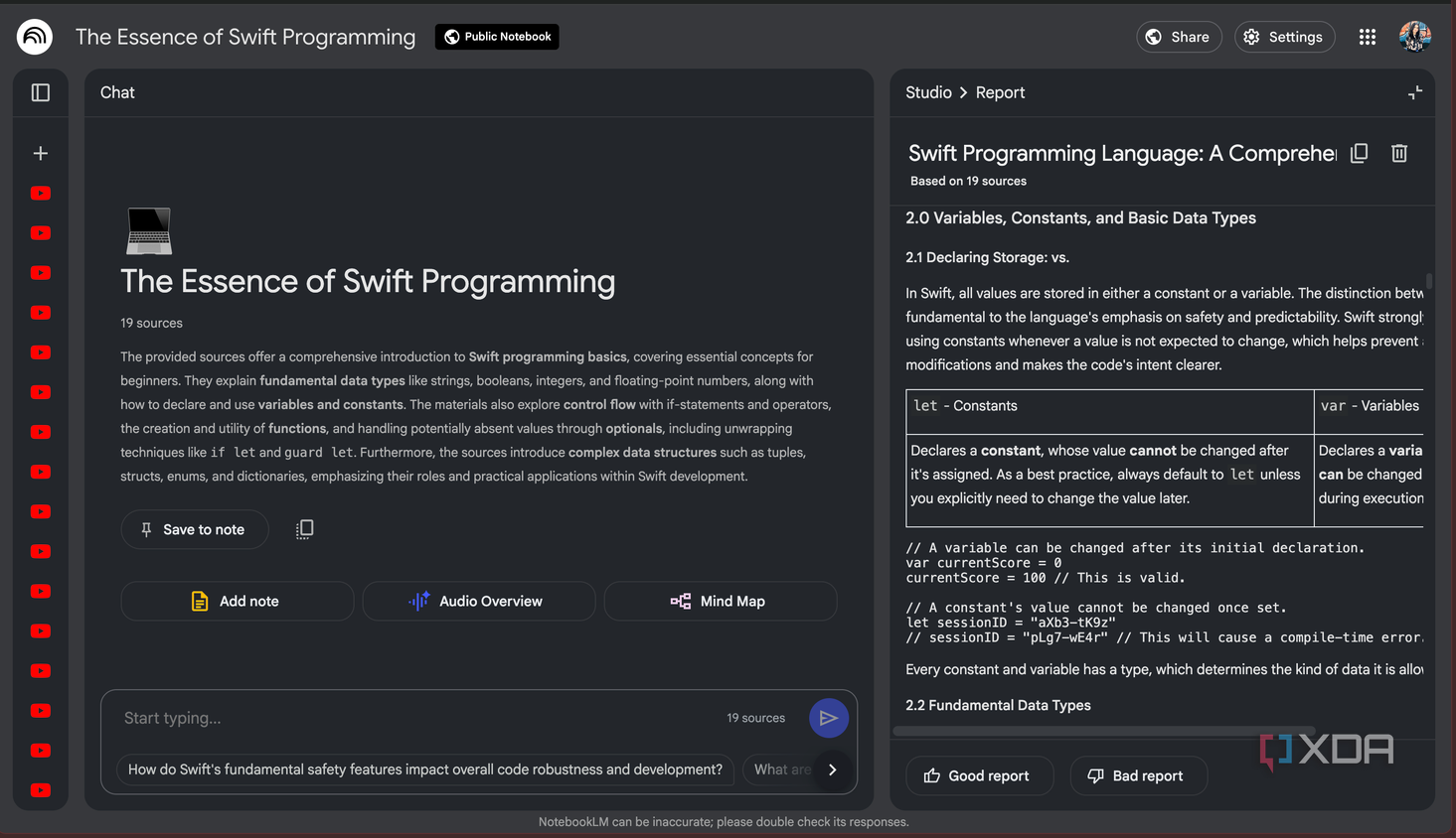 NotebookLM Swift programming language custom report generated