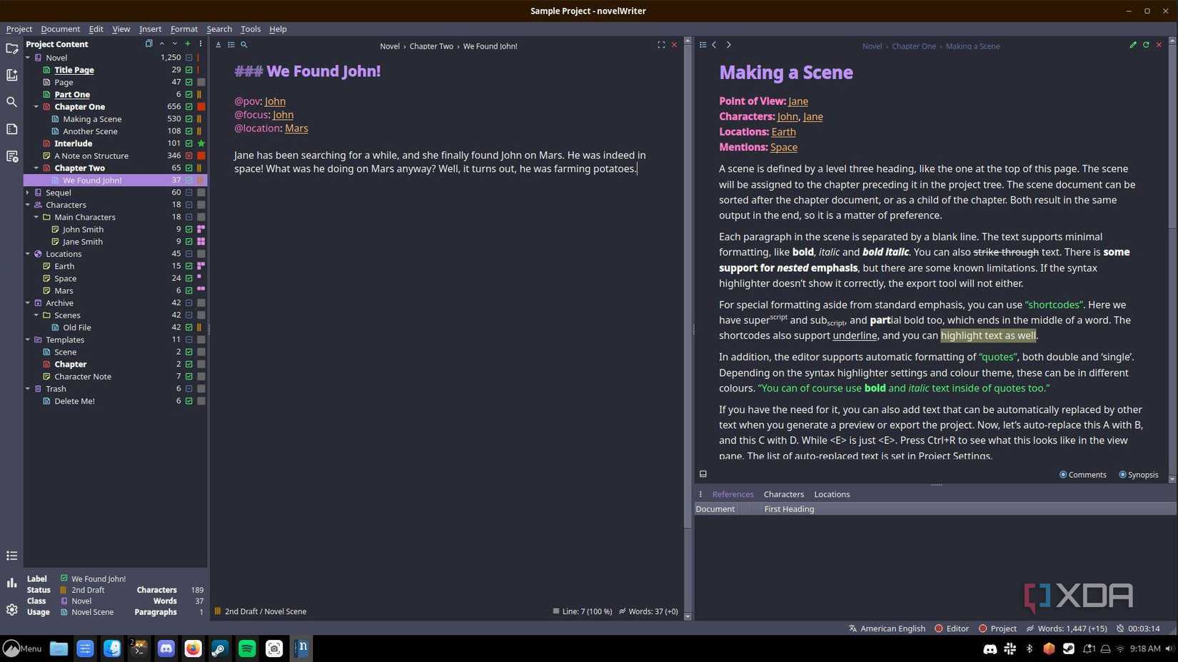 A screenshot of an example project open in the novelWriter app on Linux