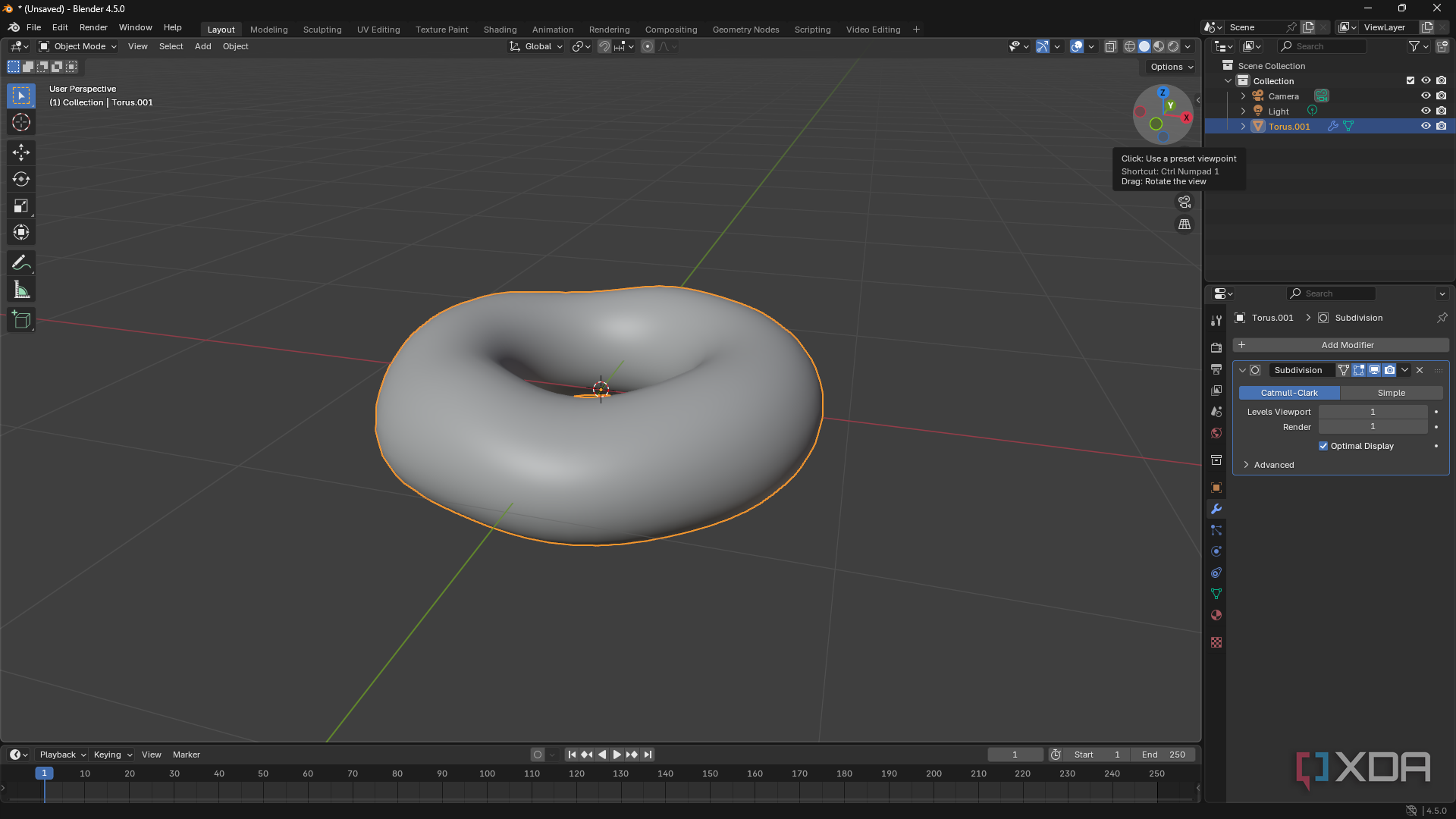 Objectmode in Blender, donut shape in canvas