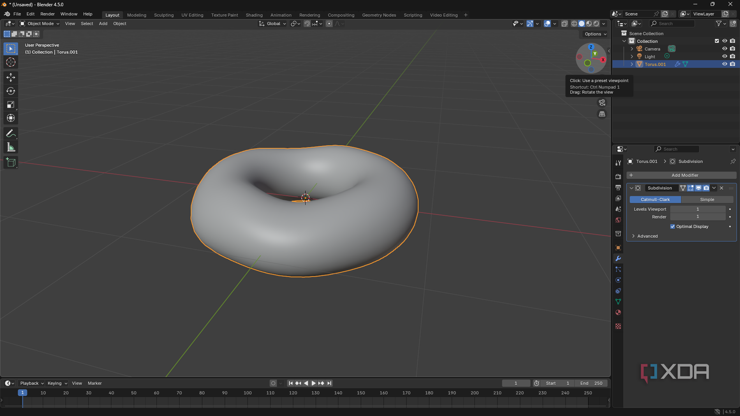 Objectmode in Blender, donut shape in canvas