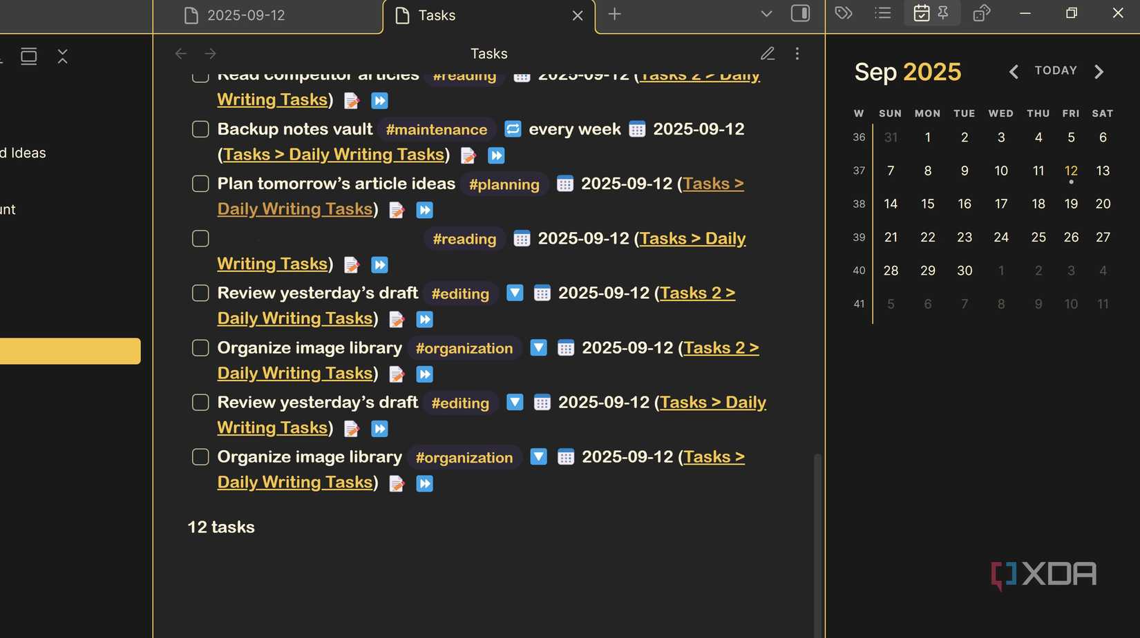 Obsidian note with tasks for the day