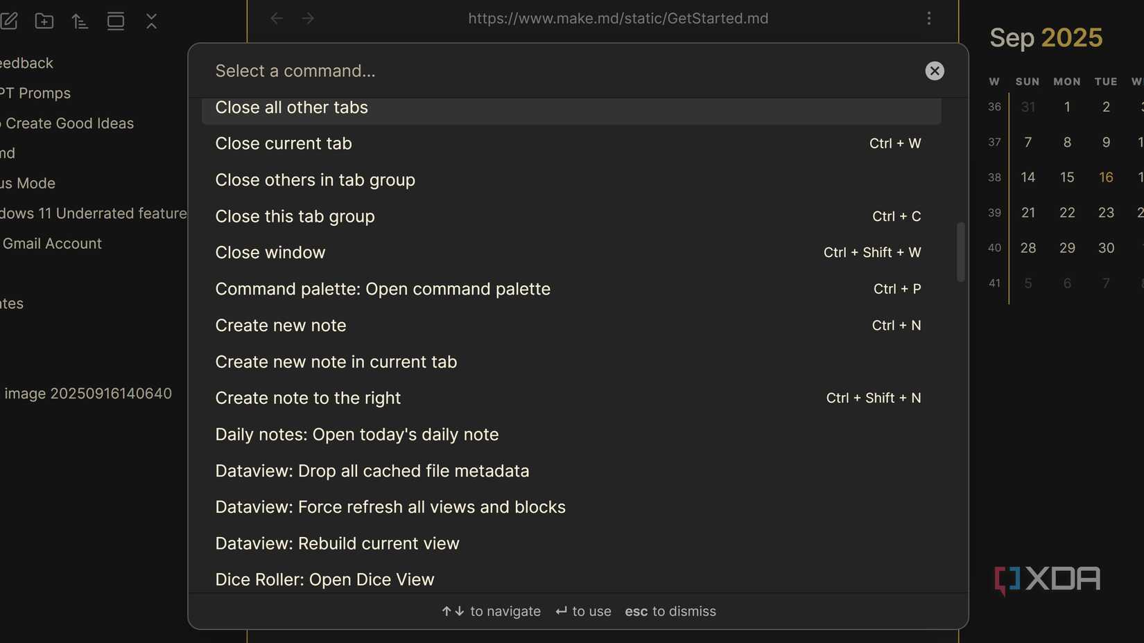 Obsidian command options from dropdown menu