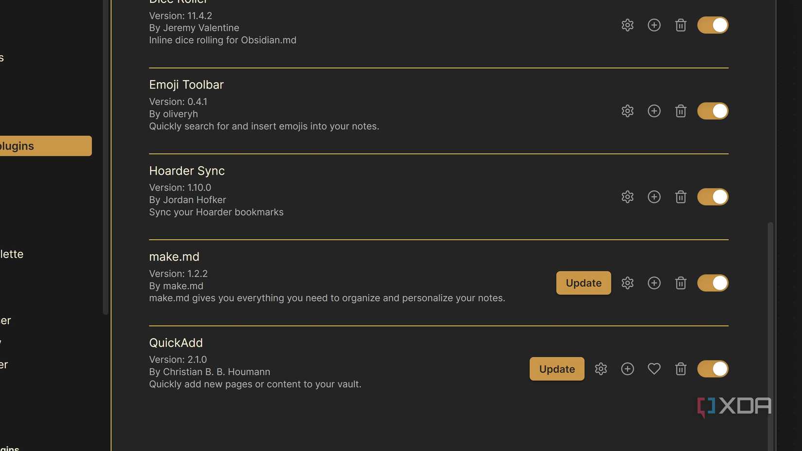 A list of installed Obsidian plugins with two showing pending updates