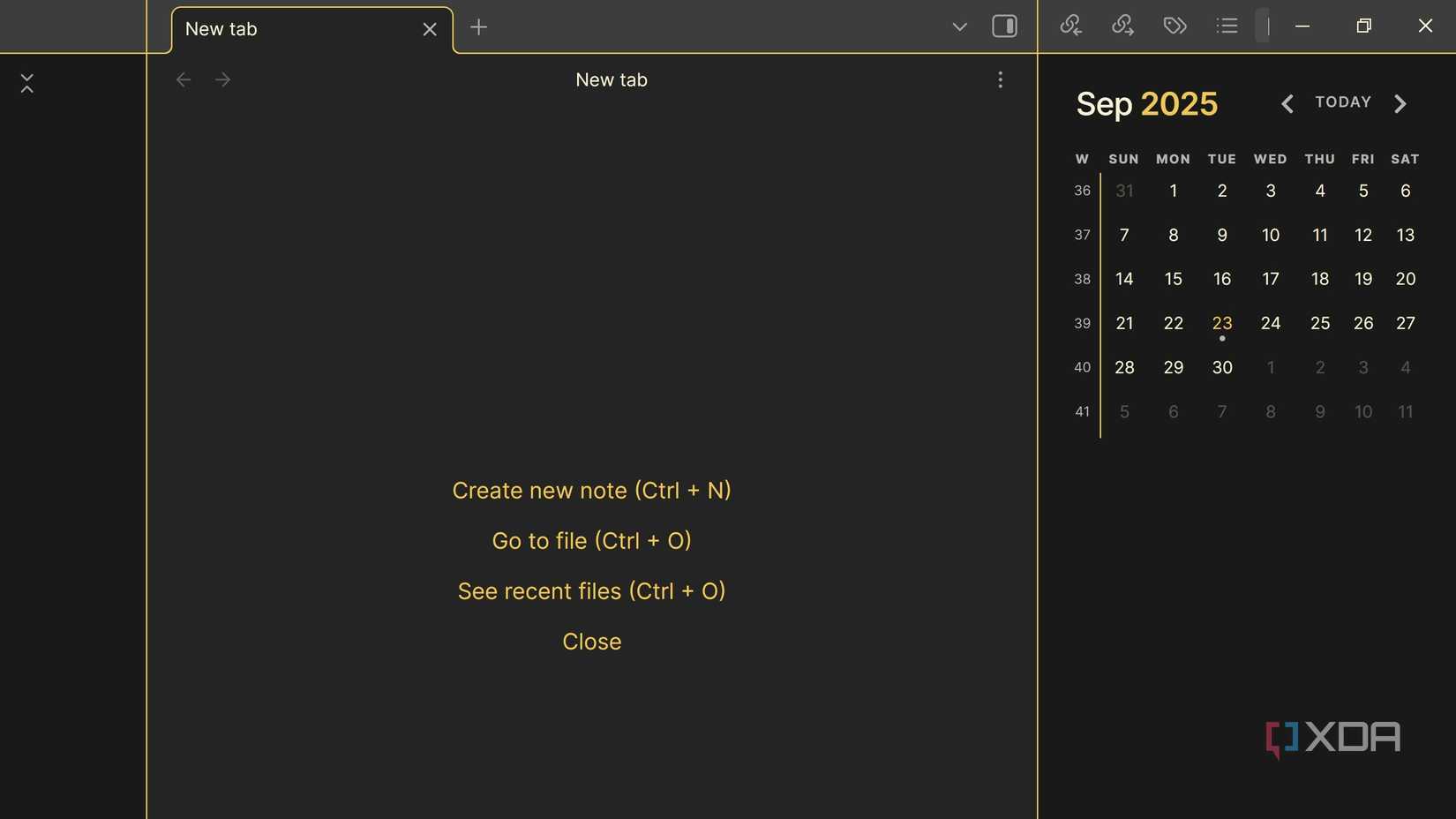 Obsidian start page with keyboard shortcuts such as create new note, go to file, and see recent files