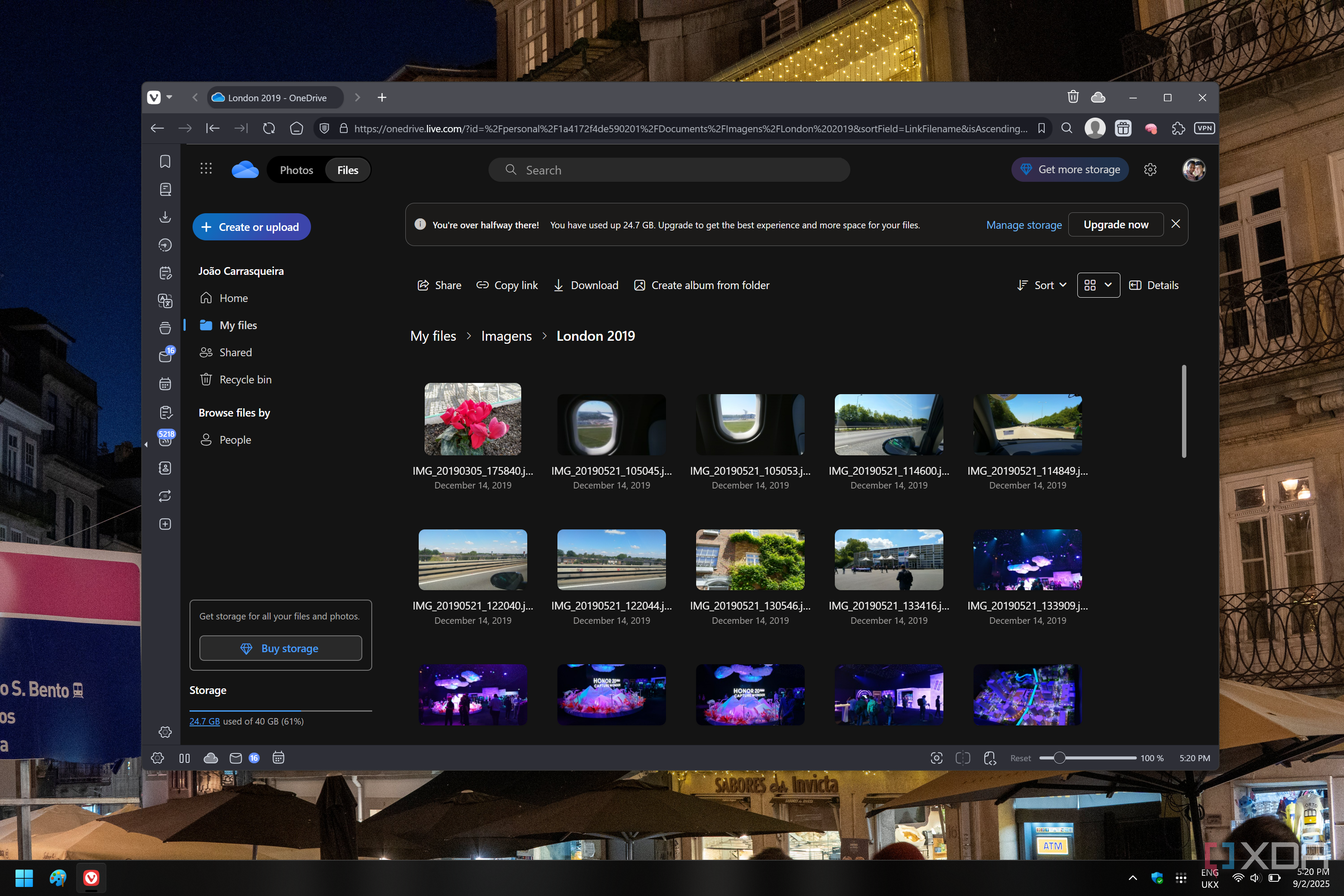 Screenshot of the OneDrive web UI showing various photos and a storage indicator on the side