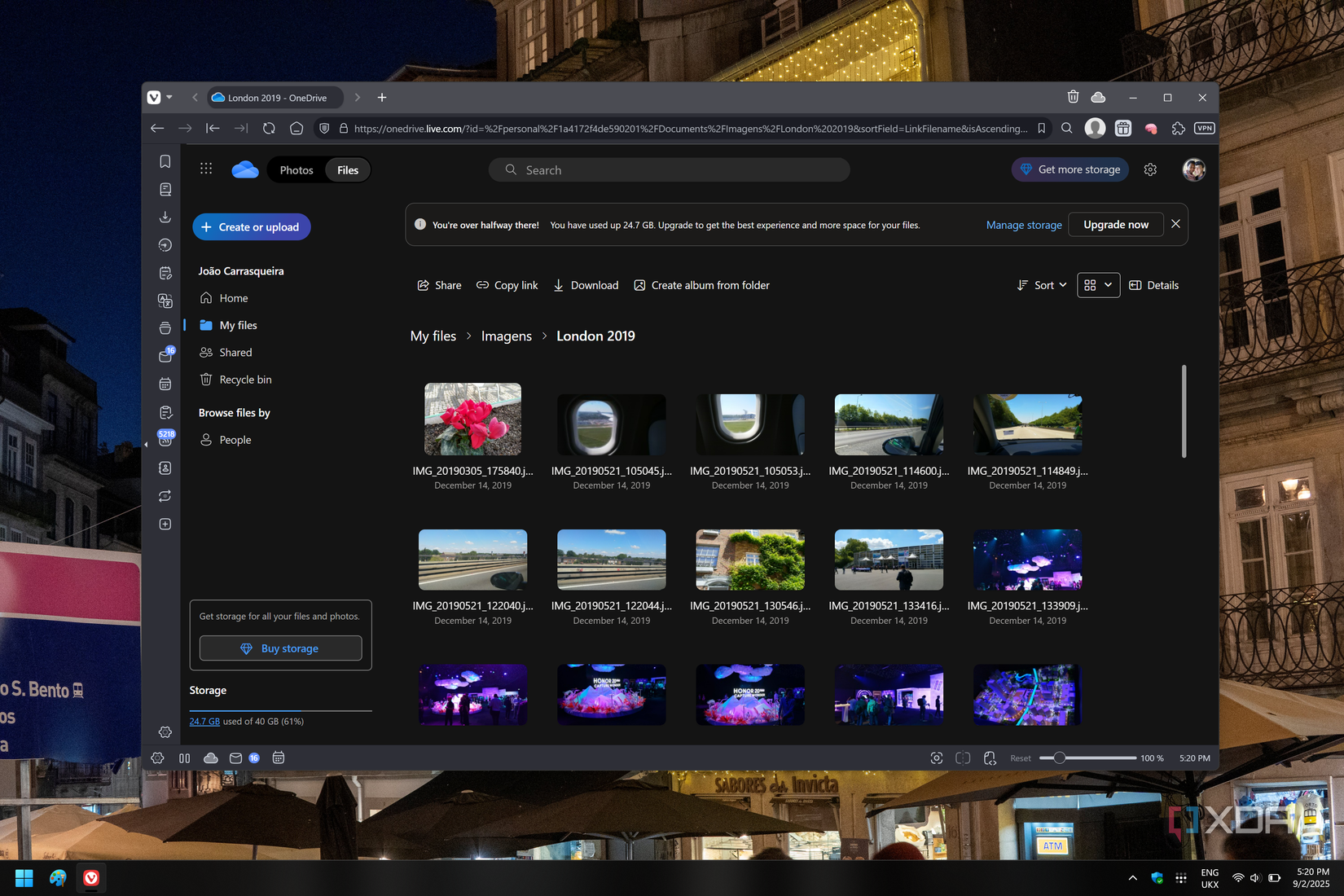 Screenshot of the OneDrive web UI showing various photos and a storage indicator on the side