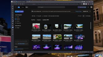 Screenshot of the OneDrive web UI showing various photos and a storage indicator on the side
