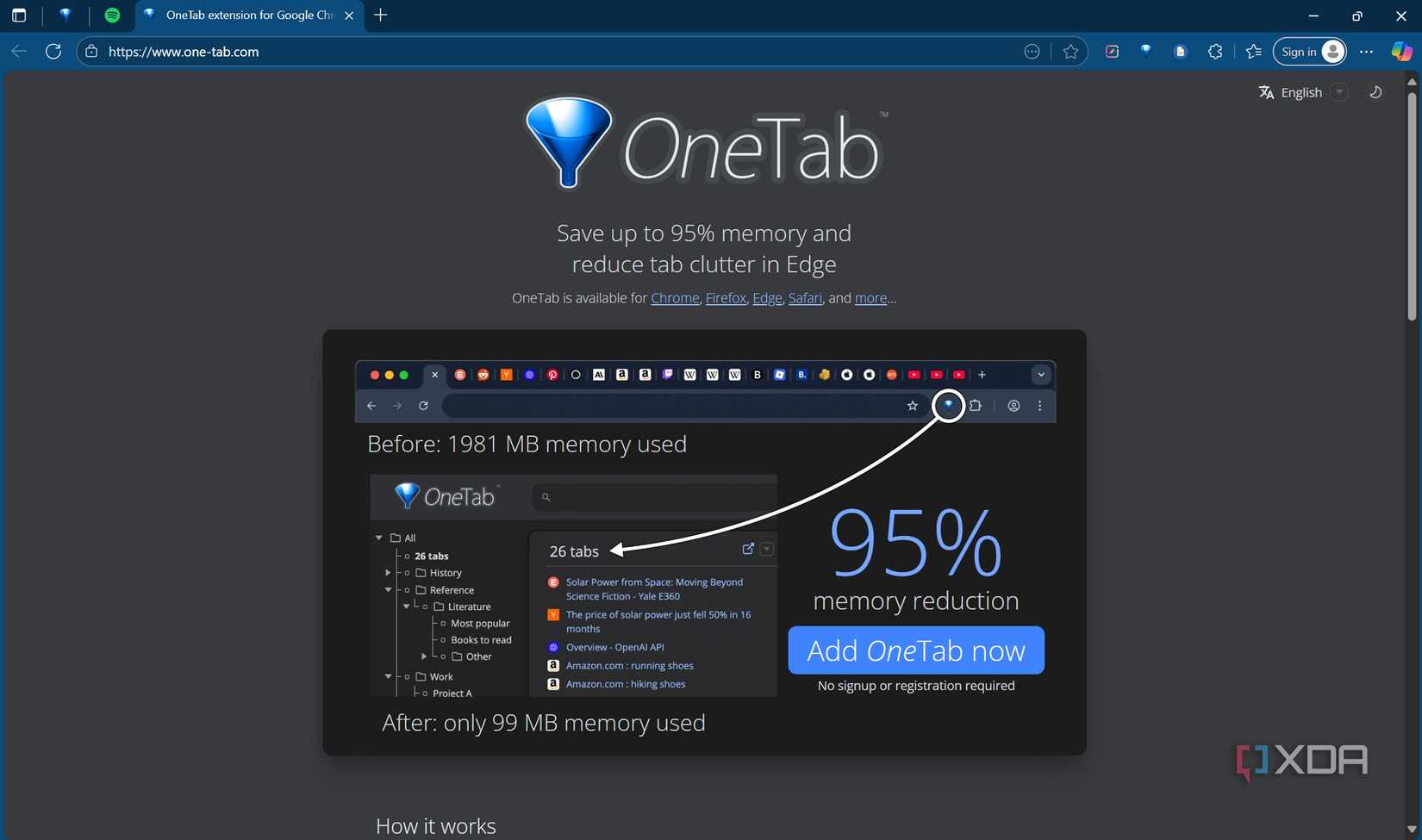 Screenshot of OneTab page