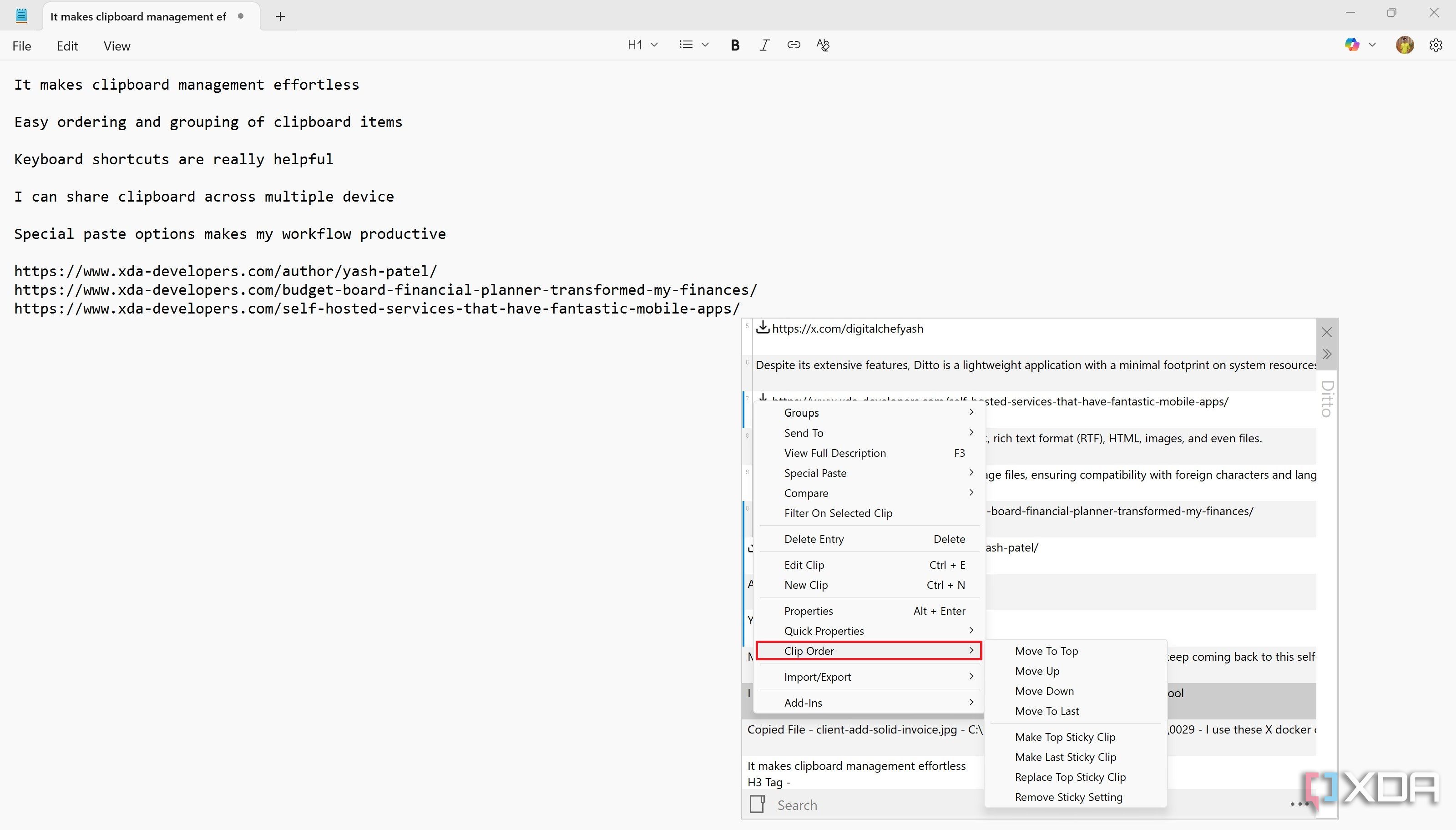 Ordering clipboard options in Ditto