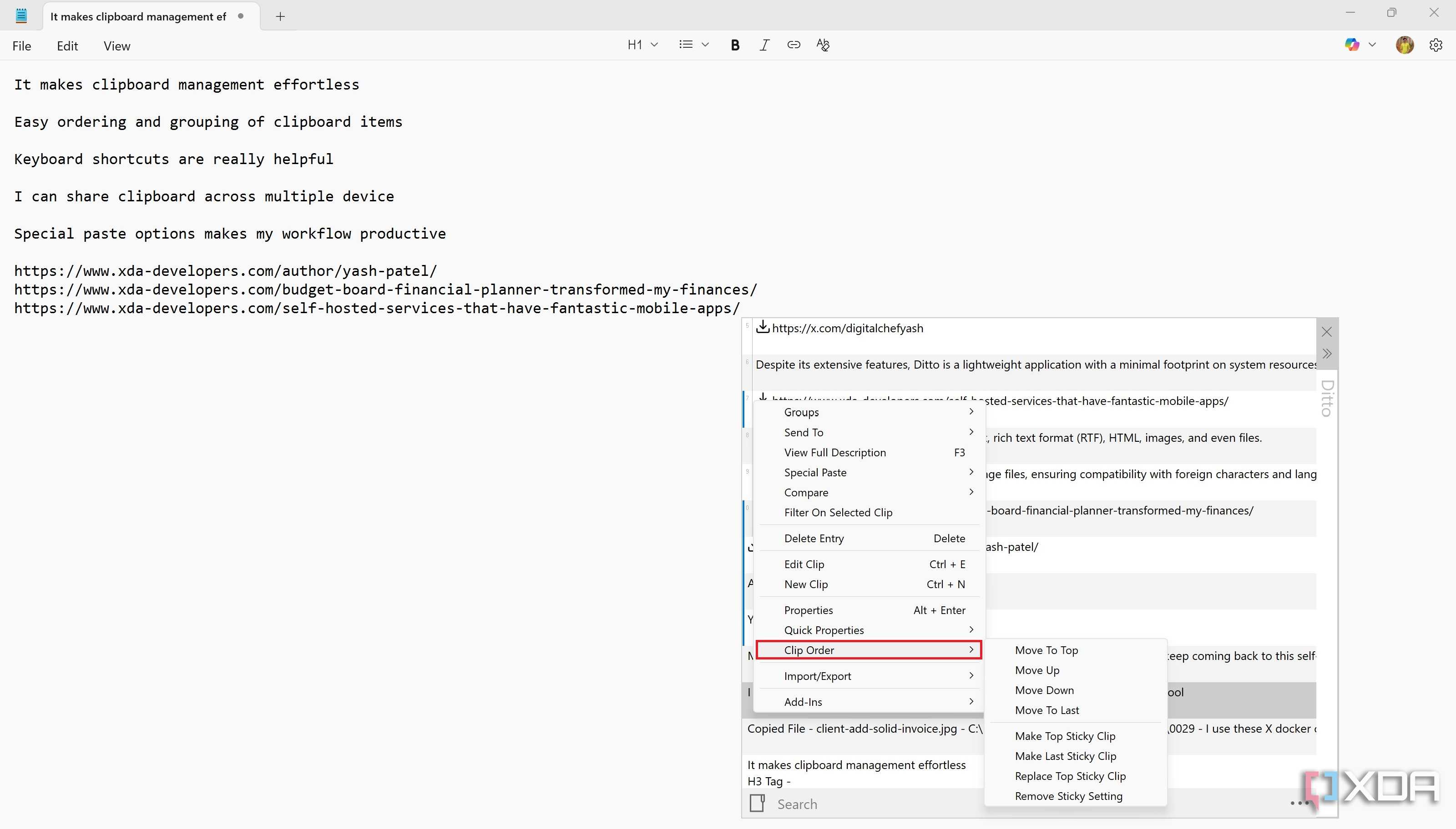 Ordering clipboard options in Ditto