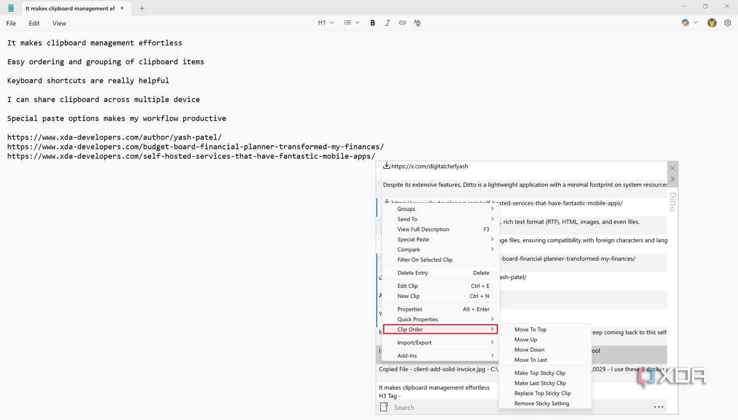 Ordering clipboard options in Ditto