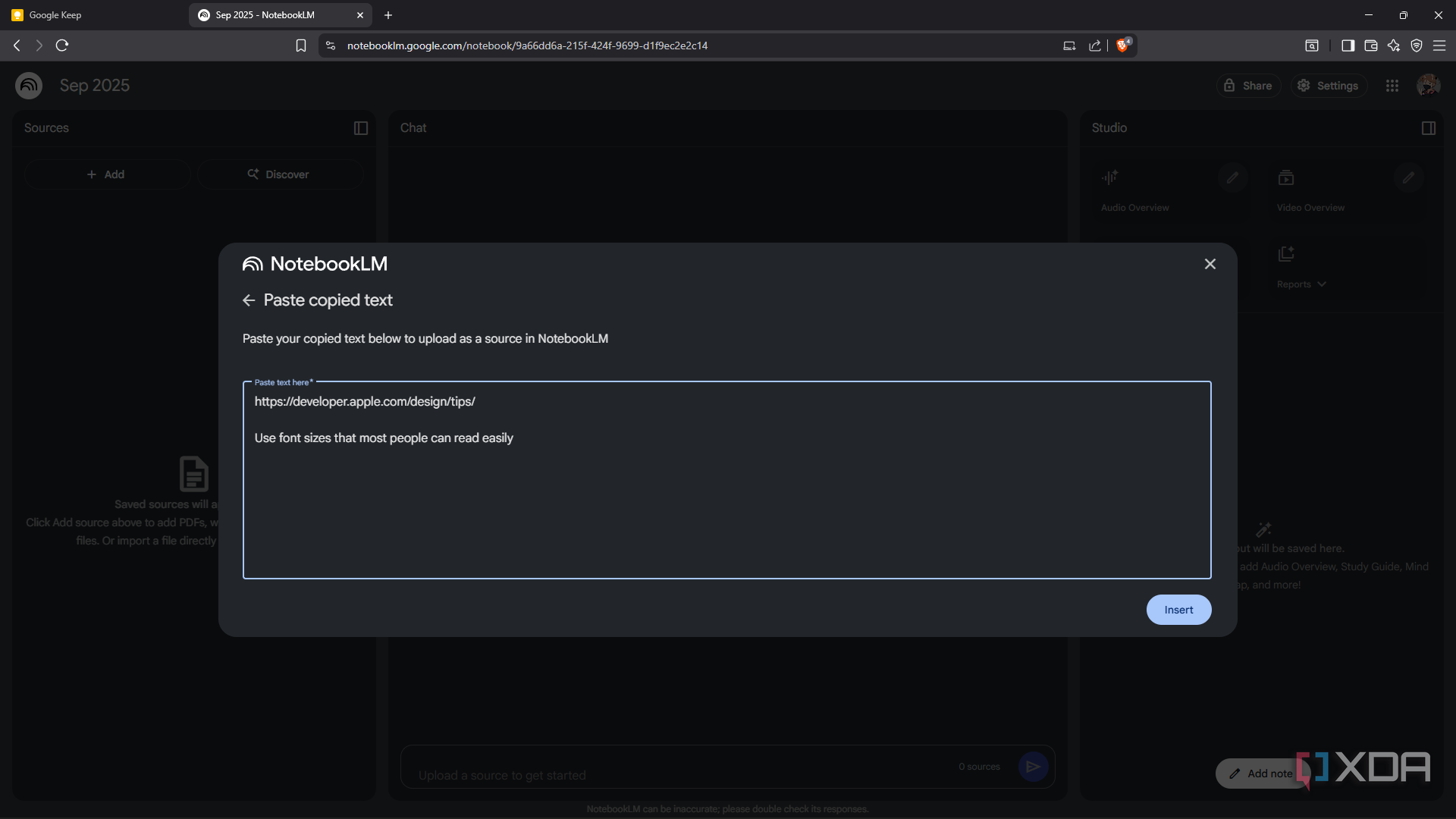 Pasting text in NotebookLM, design-related content