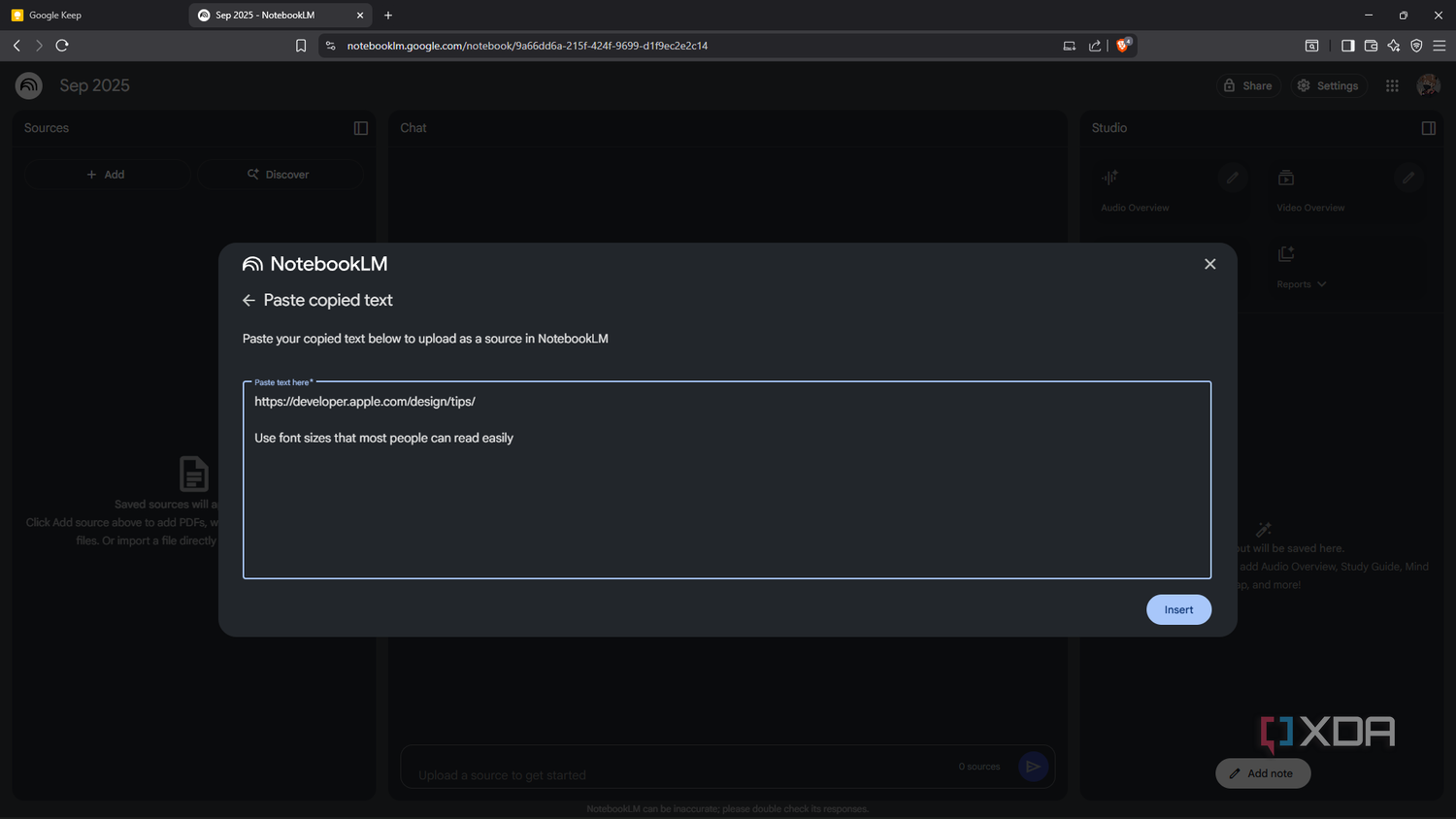 Pasting text in NotebookLM, design-related content