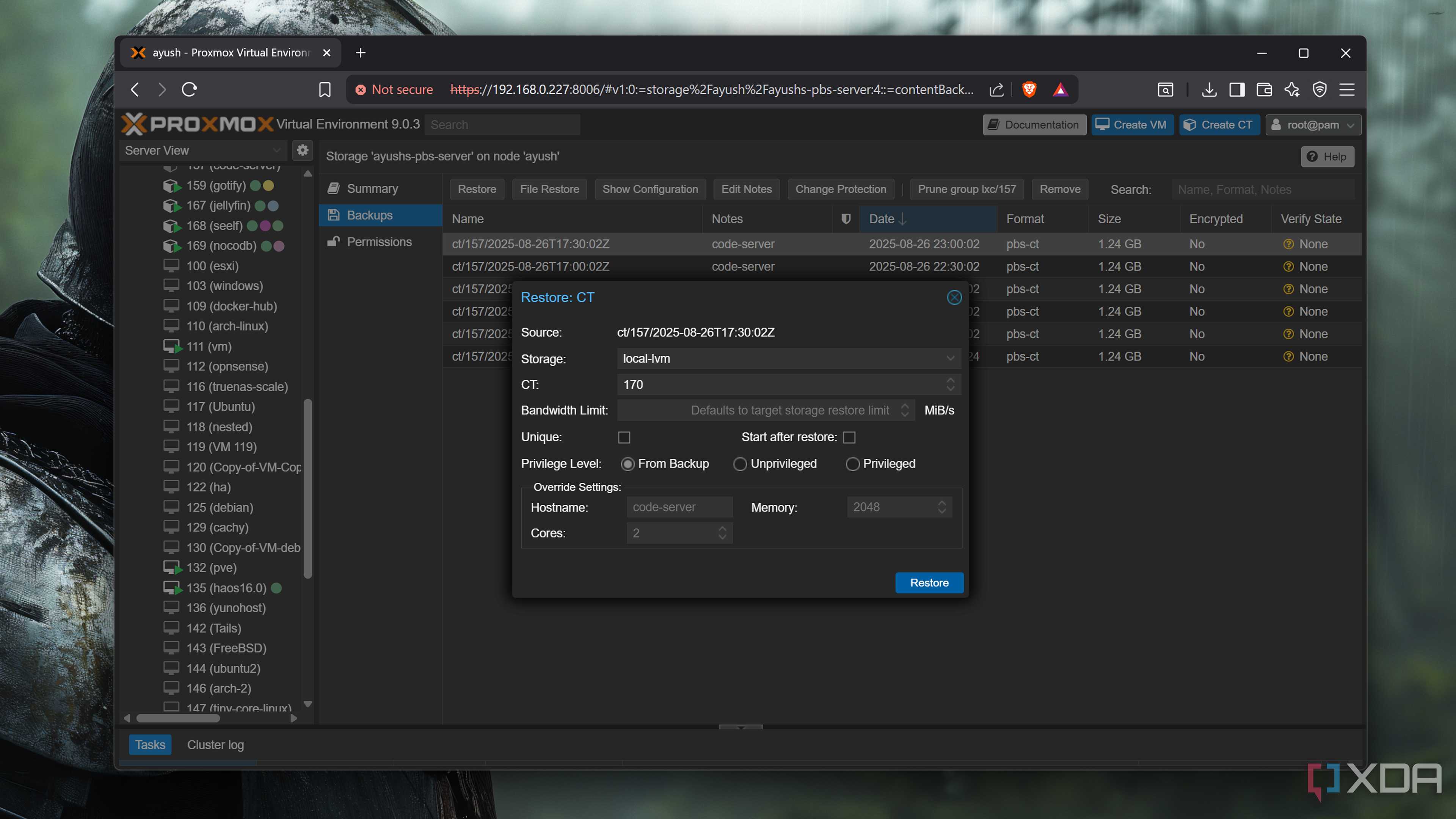 Restoring a container on a Proxmox node
