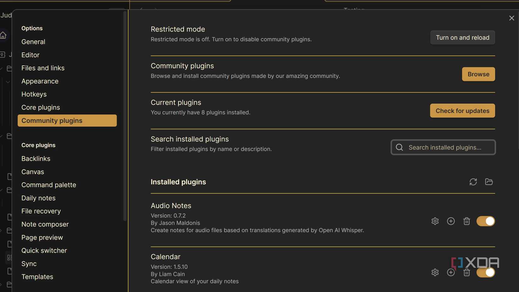 Obsidian Community Plugins settings showing installed plugins and a check for updates button