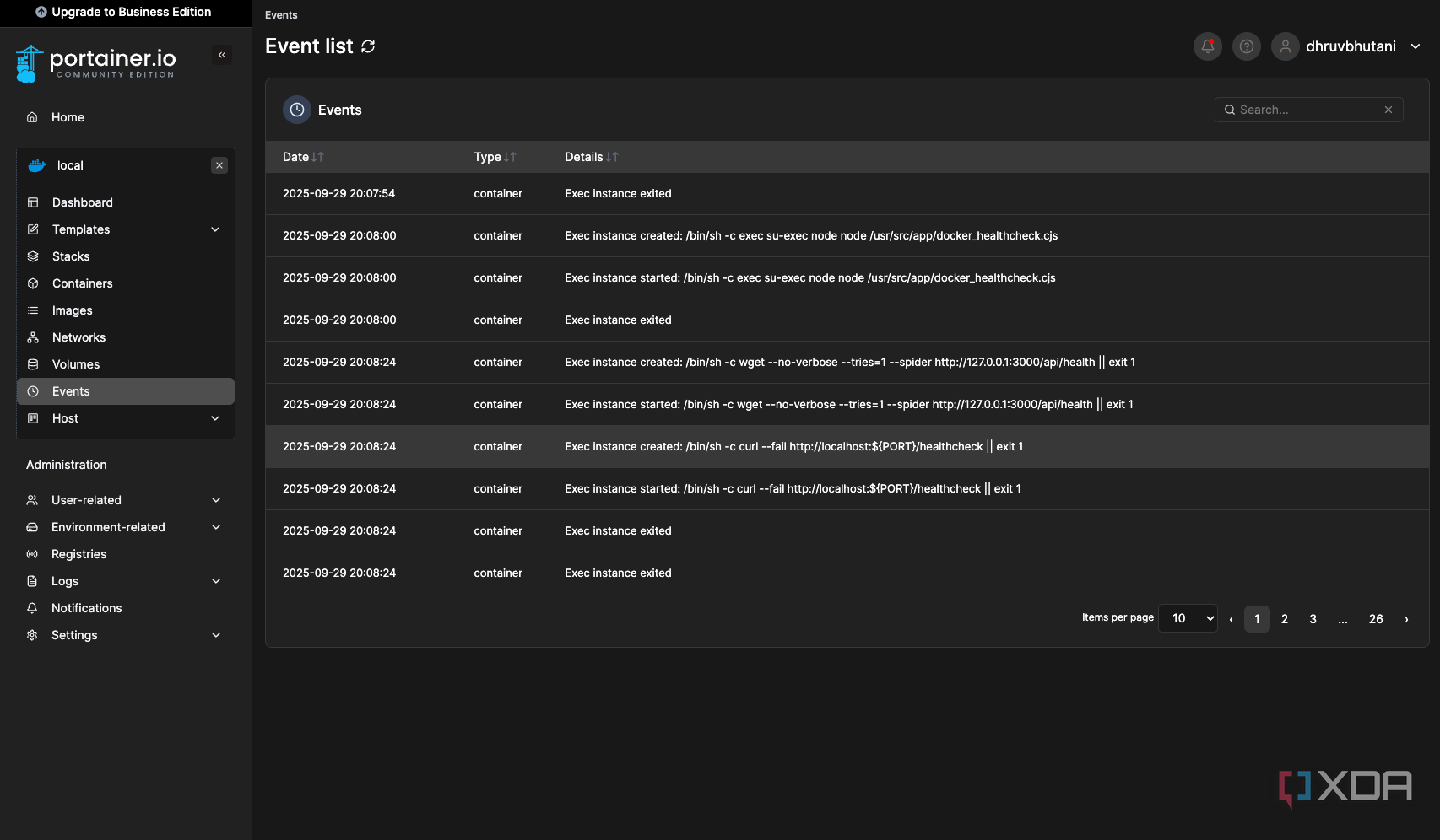 Portainer event list