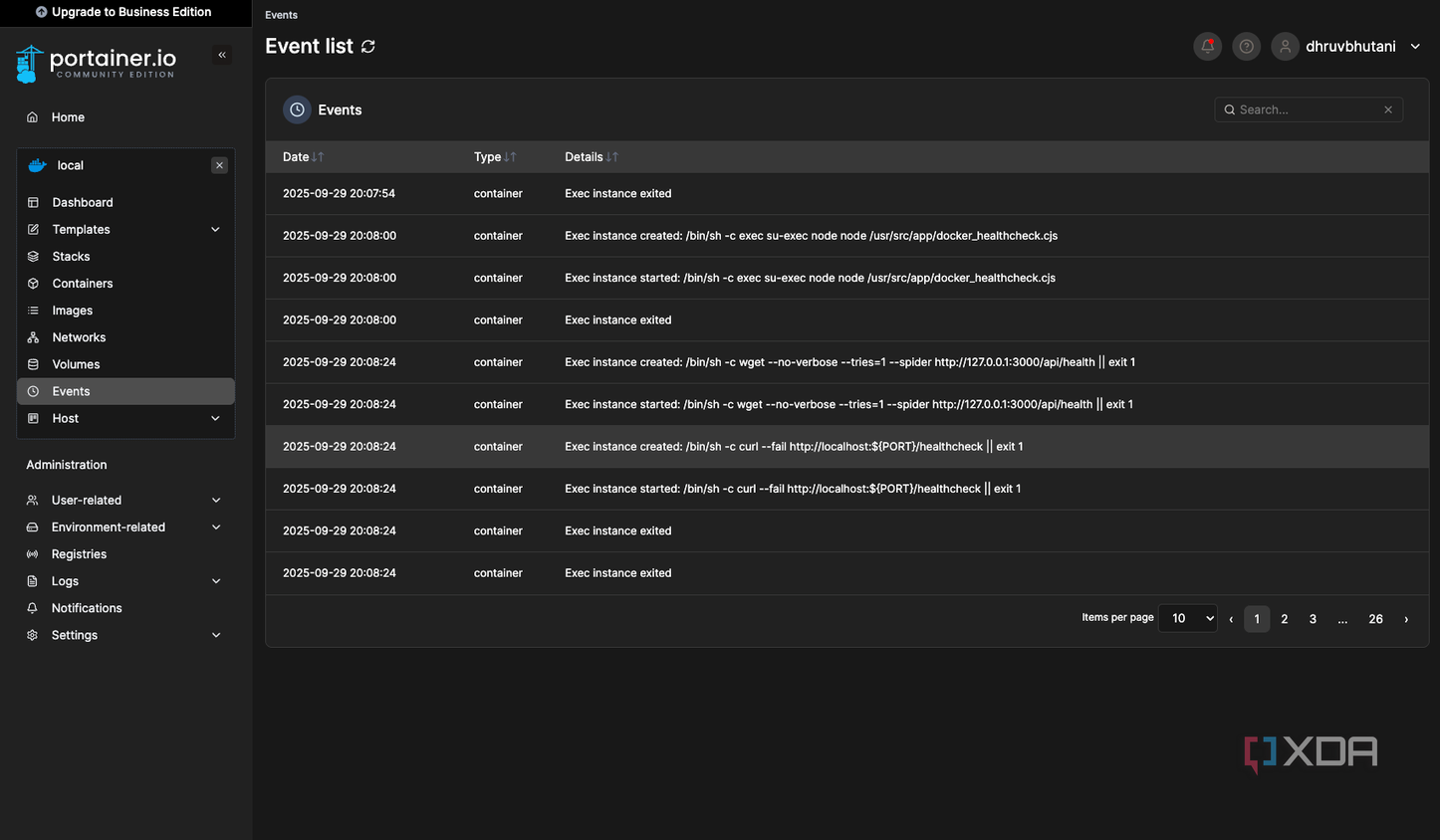 Portainer event list