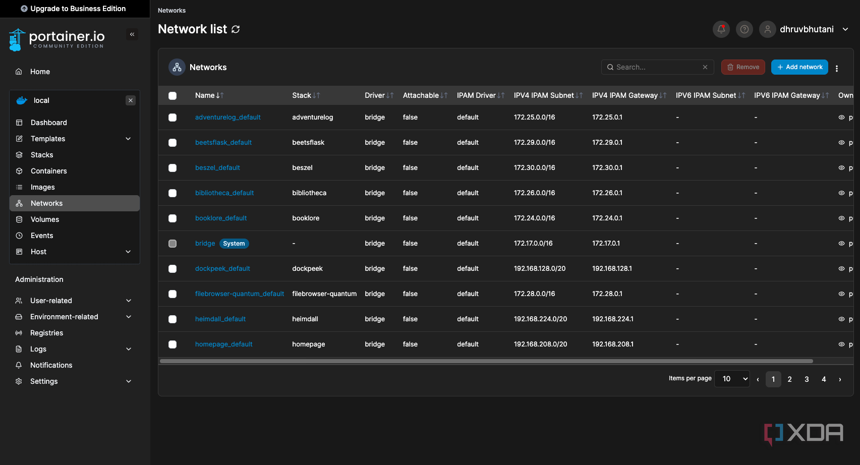 Portainer network list