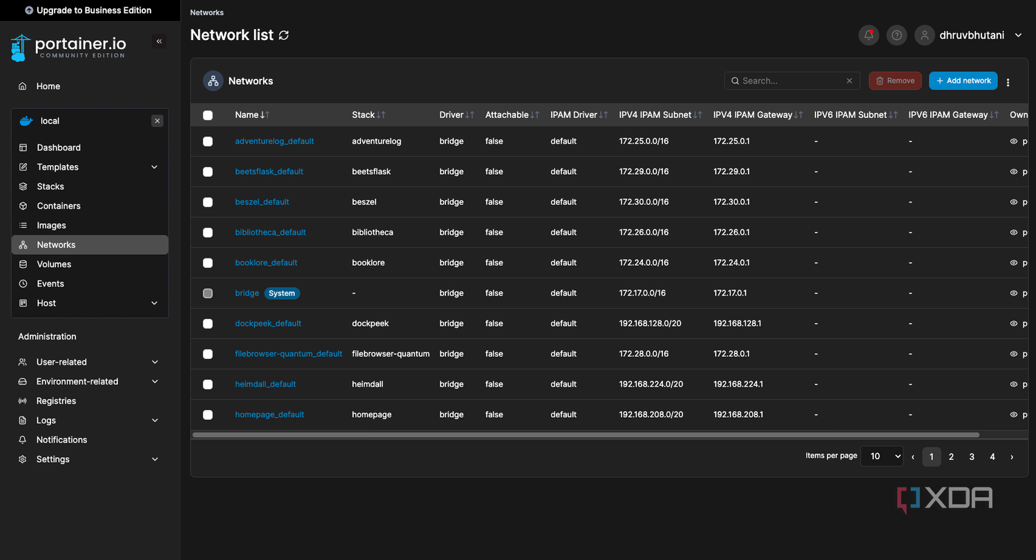 Portainer network list