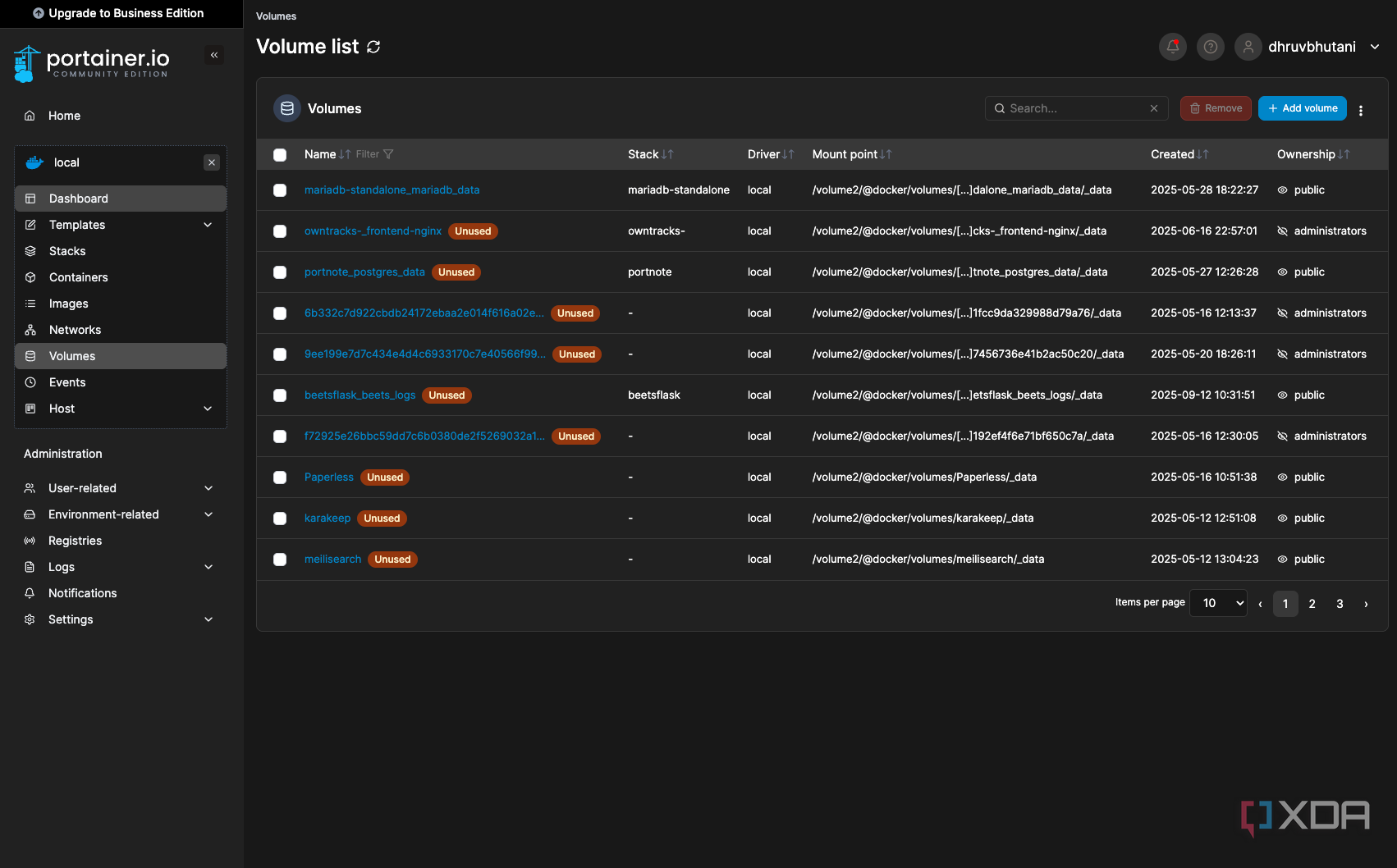 Portainer volume list