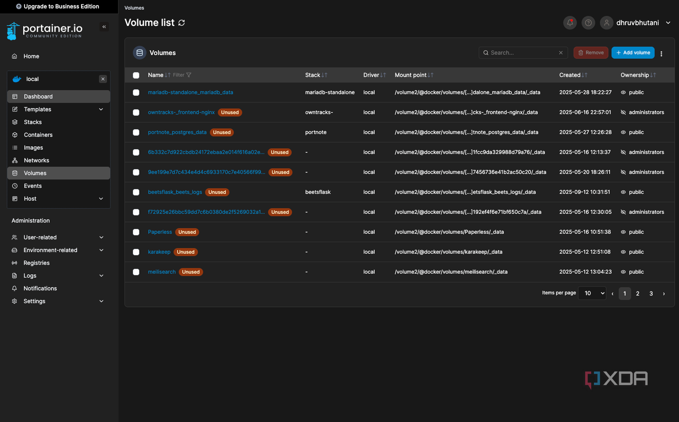 Portainer volume list