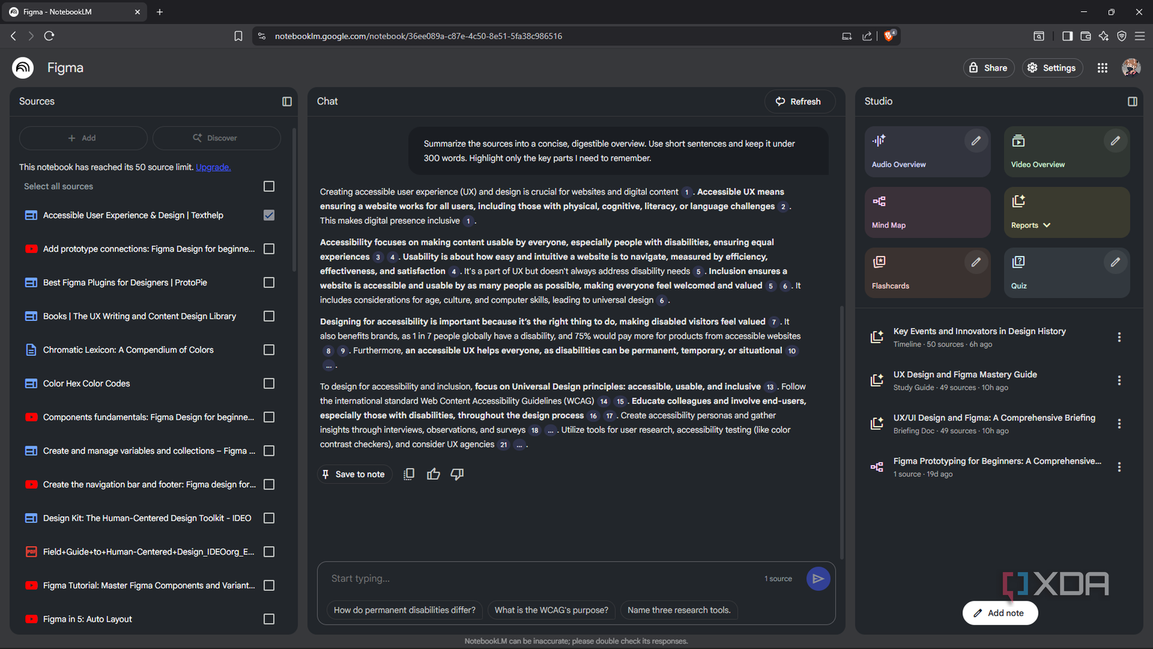 Prompting NotebookLM to generate short summery of selected source