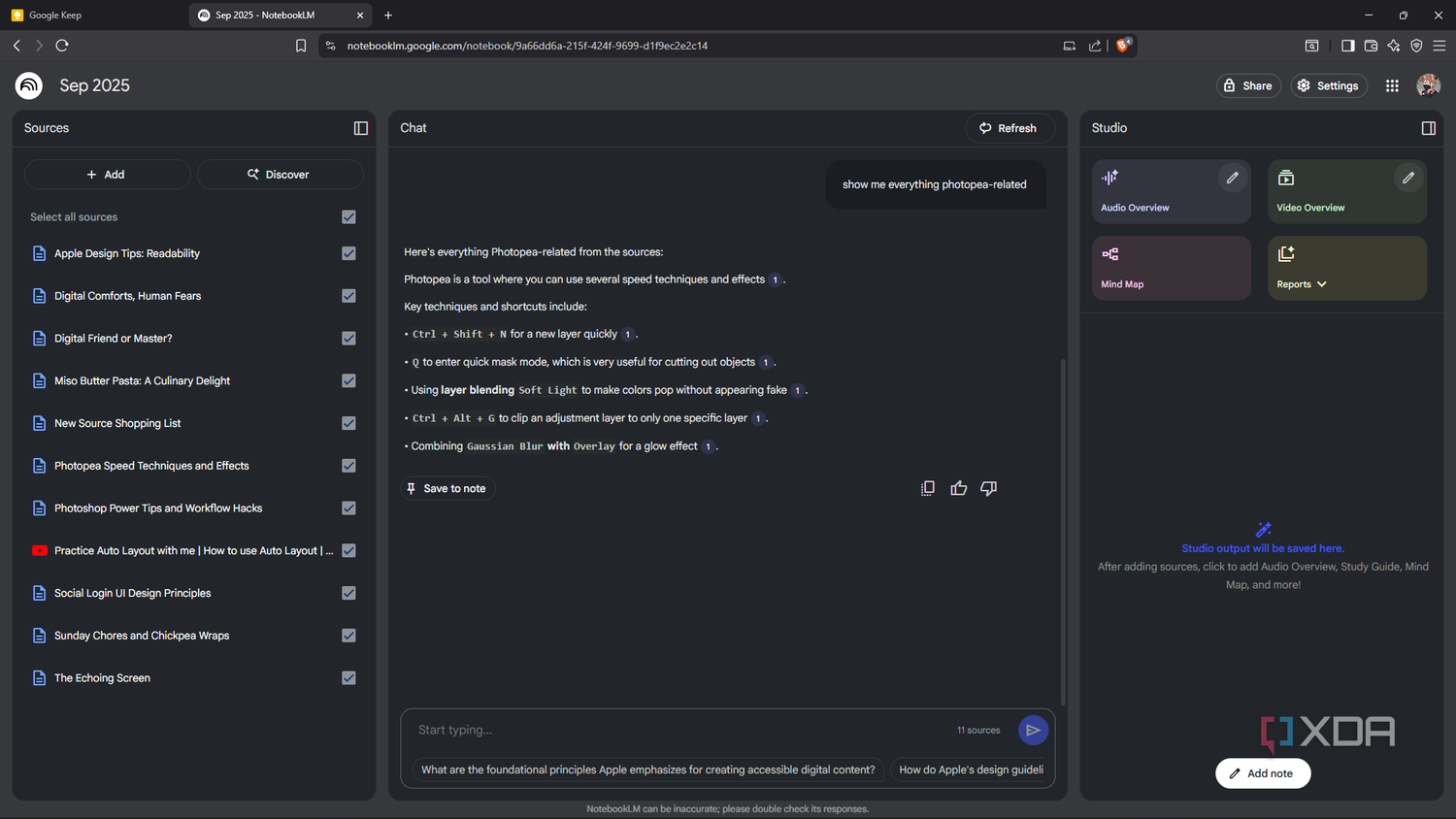 Prompting NotebookLM to surface Photopea-related content