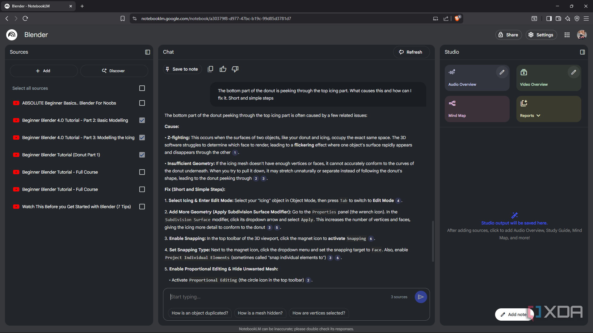 Prompting NotebookLM to troubleshoot issue with Blender model