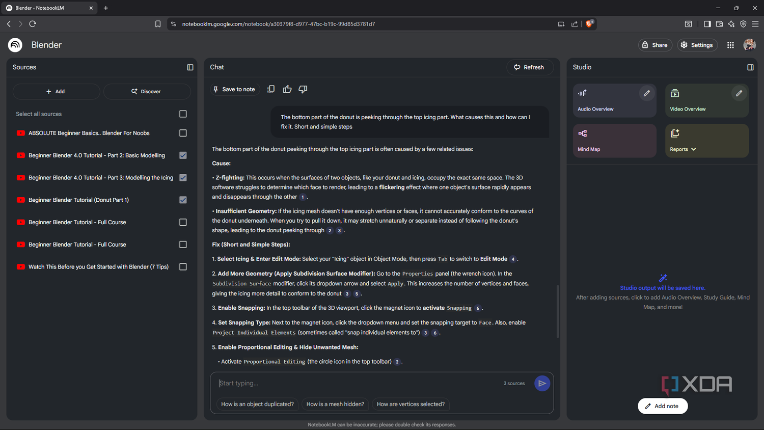 Prompting NotebookLM to troubleshoot issue with Blender model
