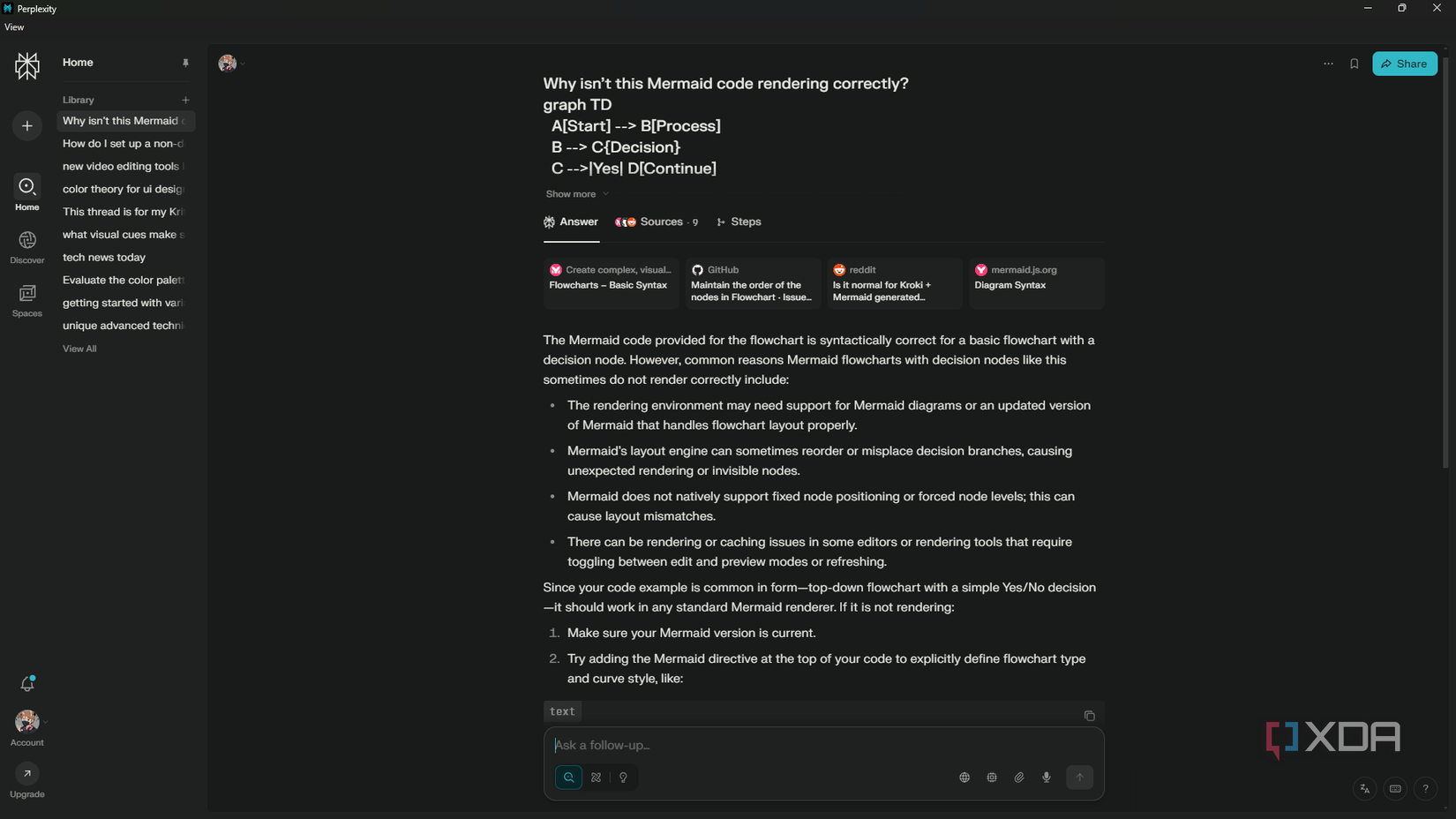 Prompting Perplexity to debug Mermaid syntax