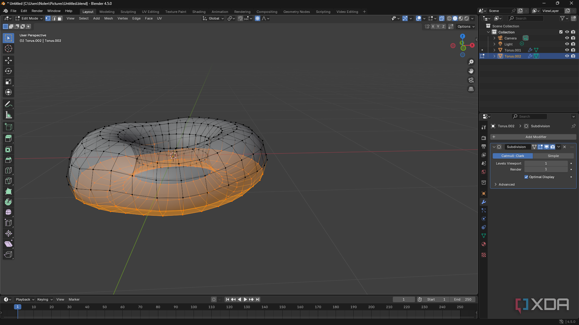 Proportional editing enabled in Blender, donut shape in canvas