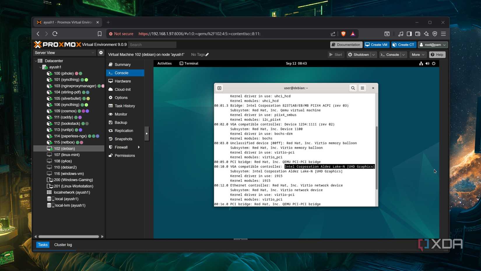 A Debian VM detecting a GPU in Proxmox