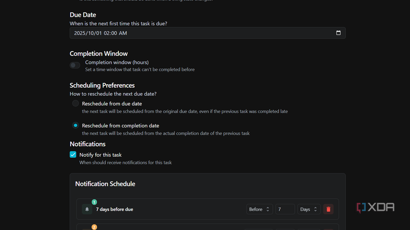 rescheduling options on donetick task