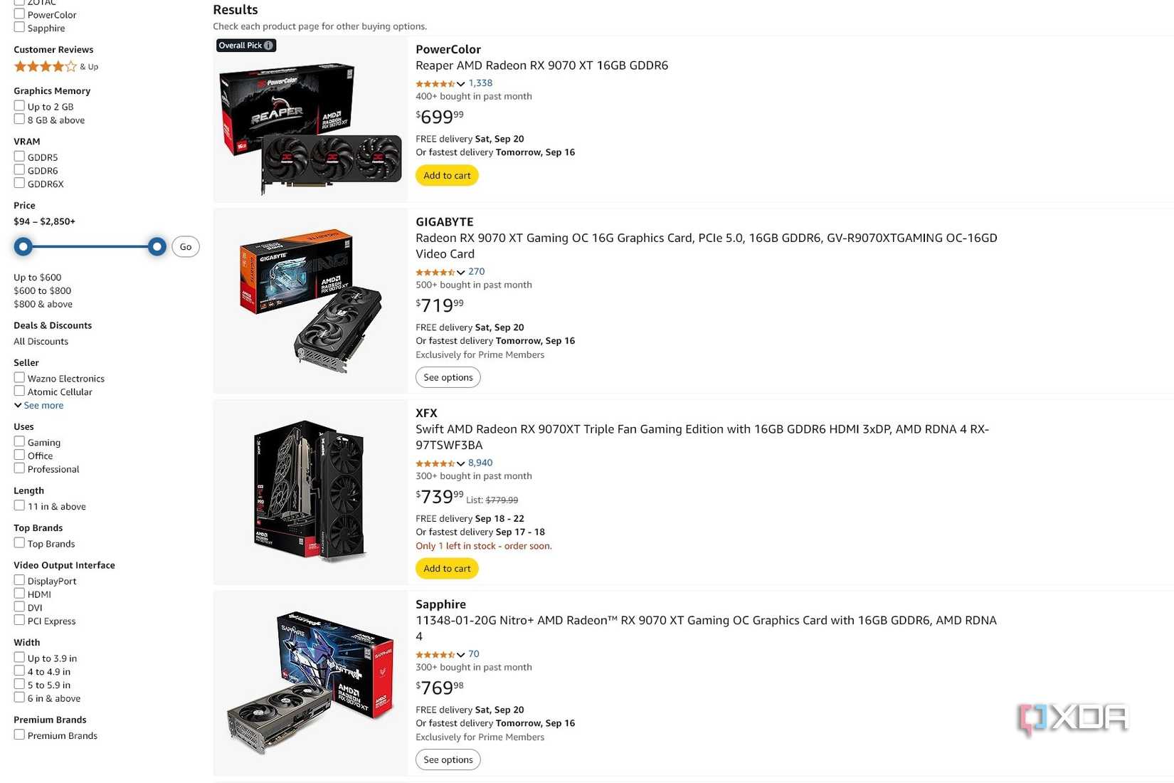 Amazon search results for RX 9070 XT GPU
