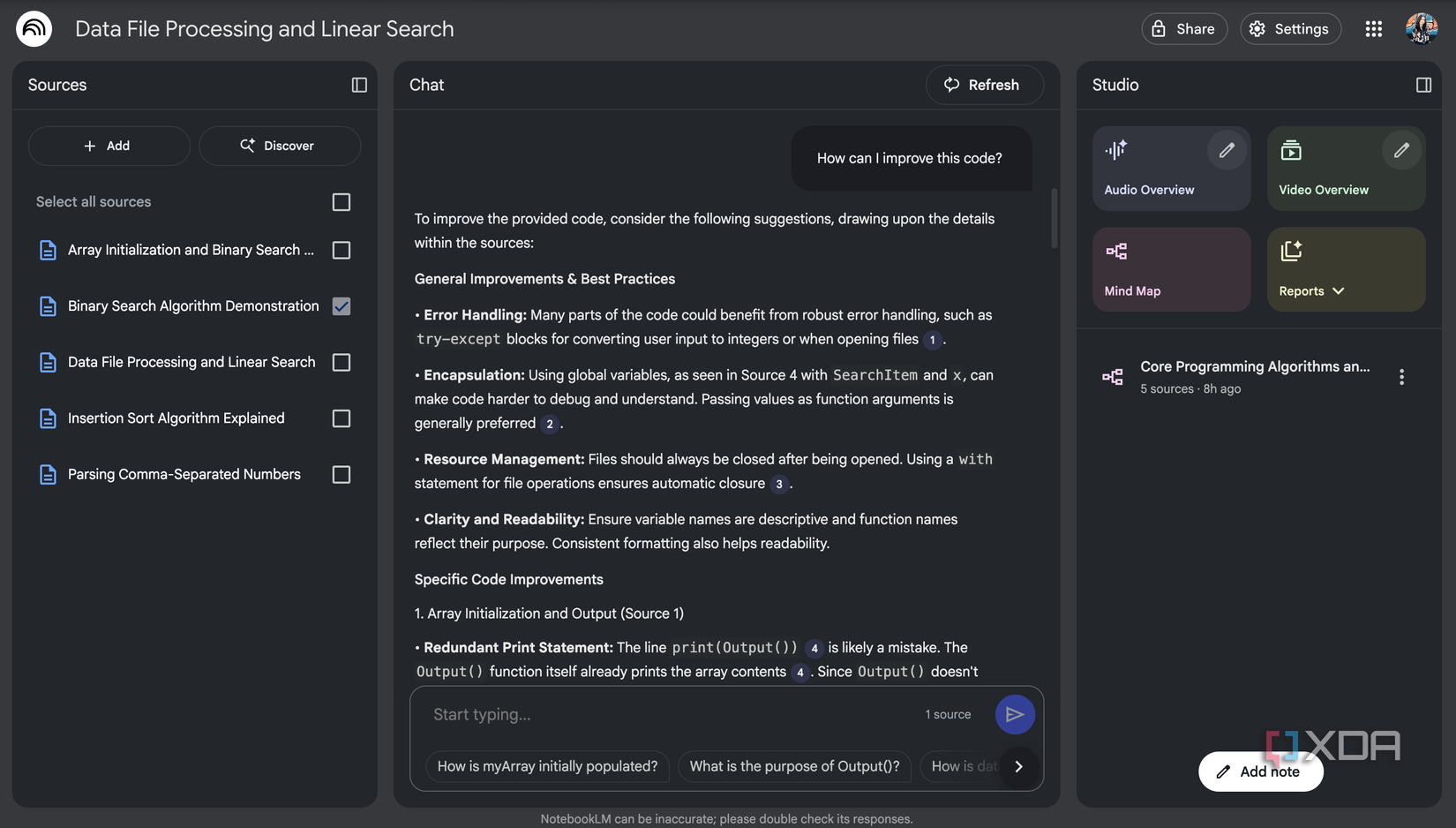 Asking NotebookLM how to improve code