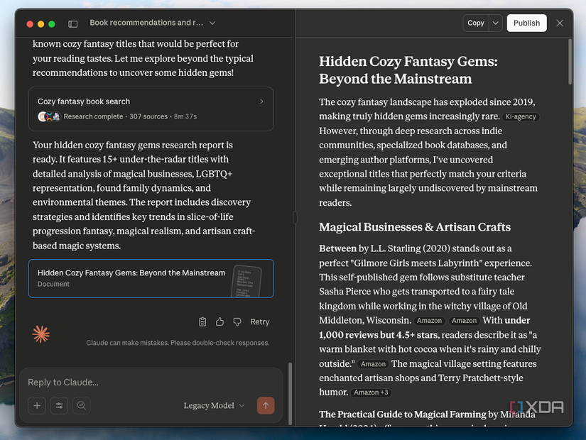 A screenshot of Claude making book suggestions based on my Obsidian reading history.