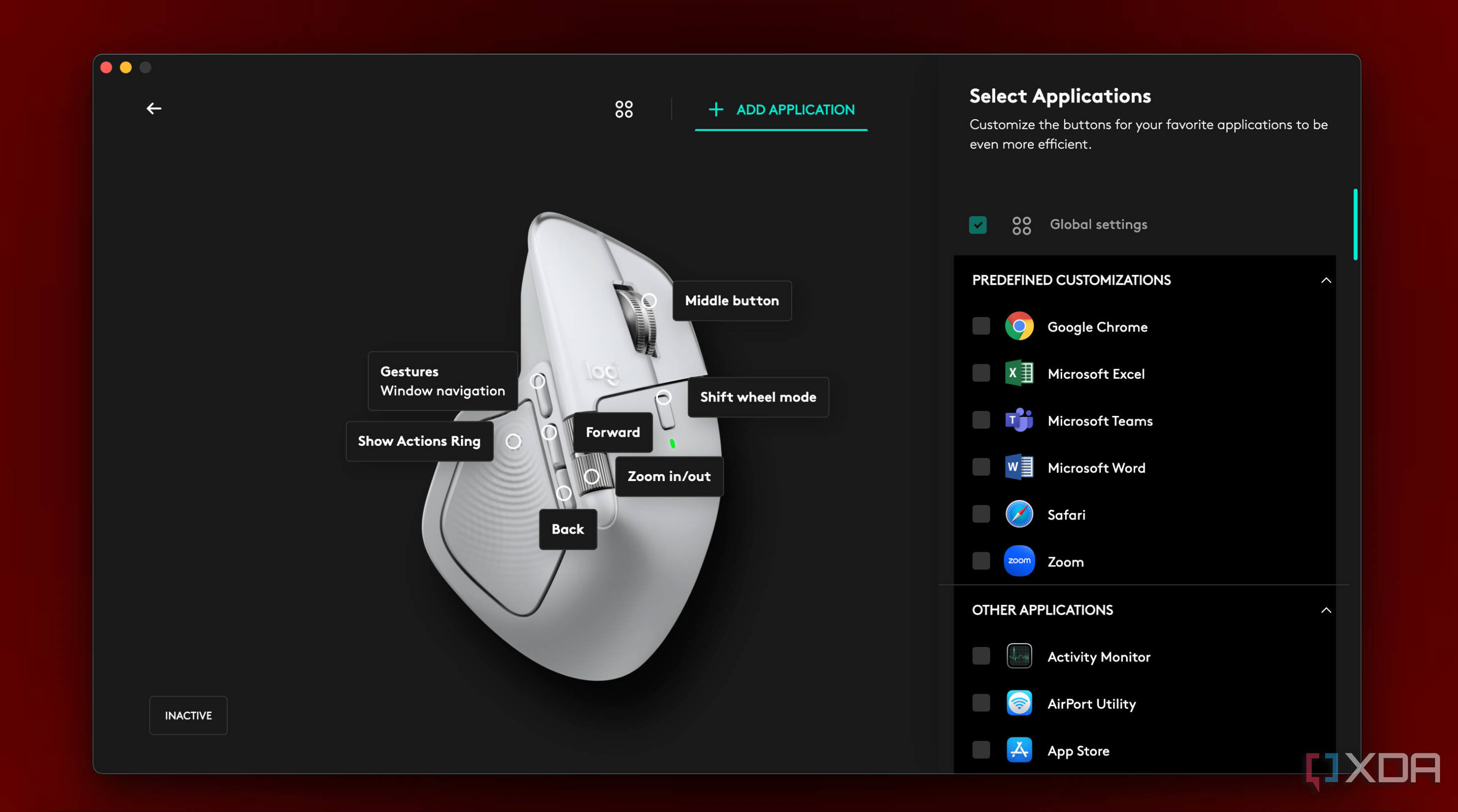 Select Applications section int he MX Master 4 settings for Action Ring