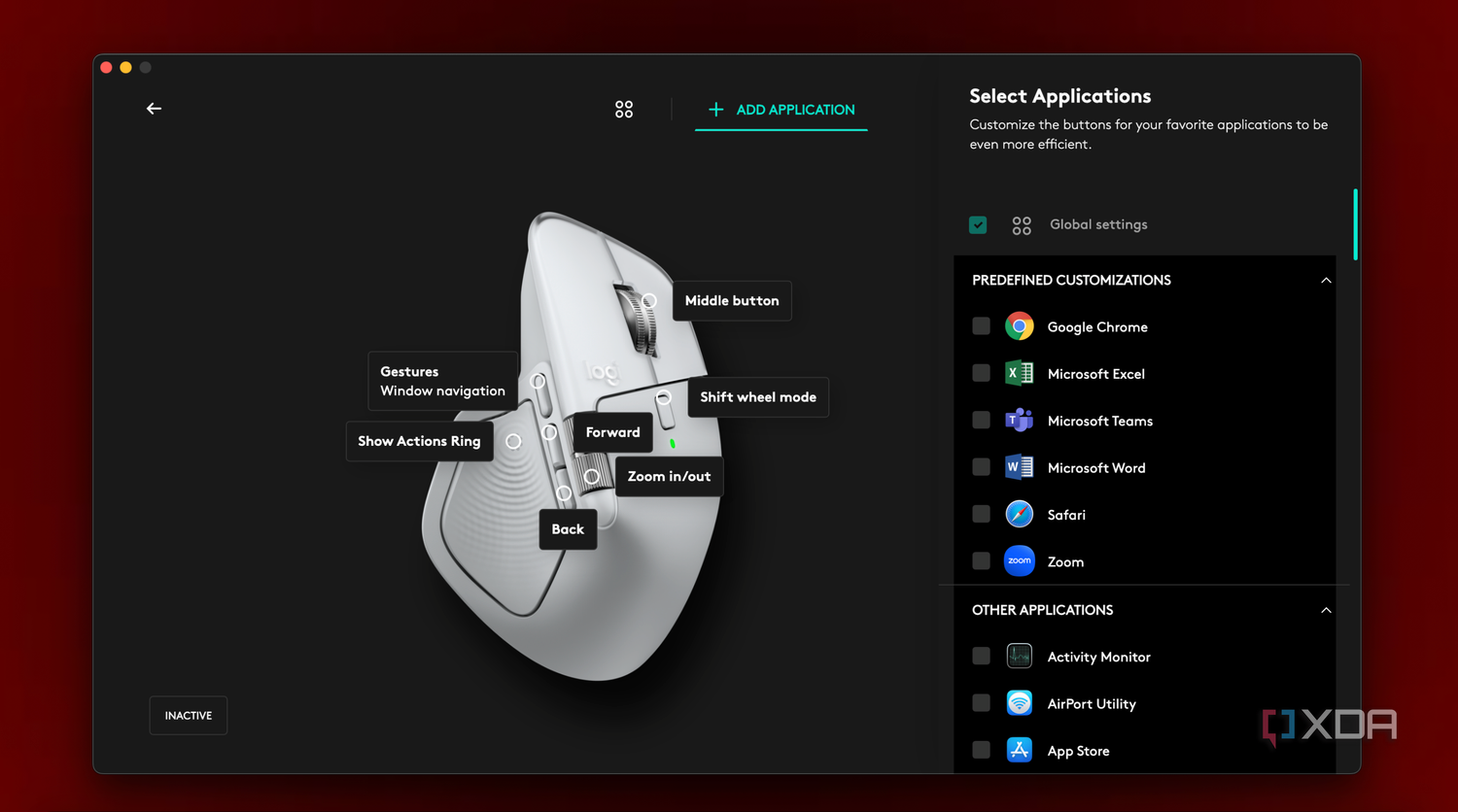 Select Applications section int he MX Master 4 settings for Action Ring