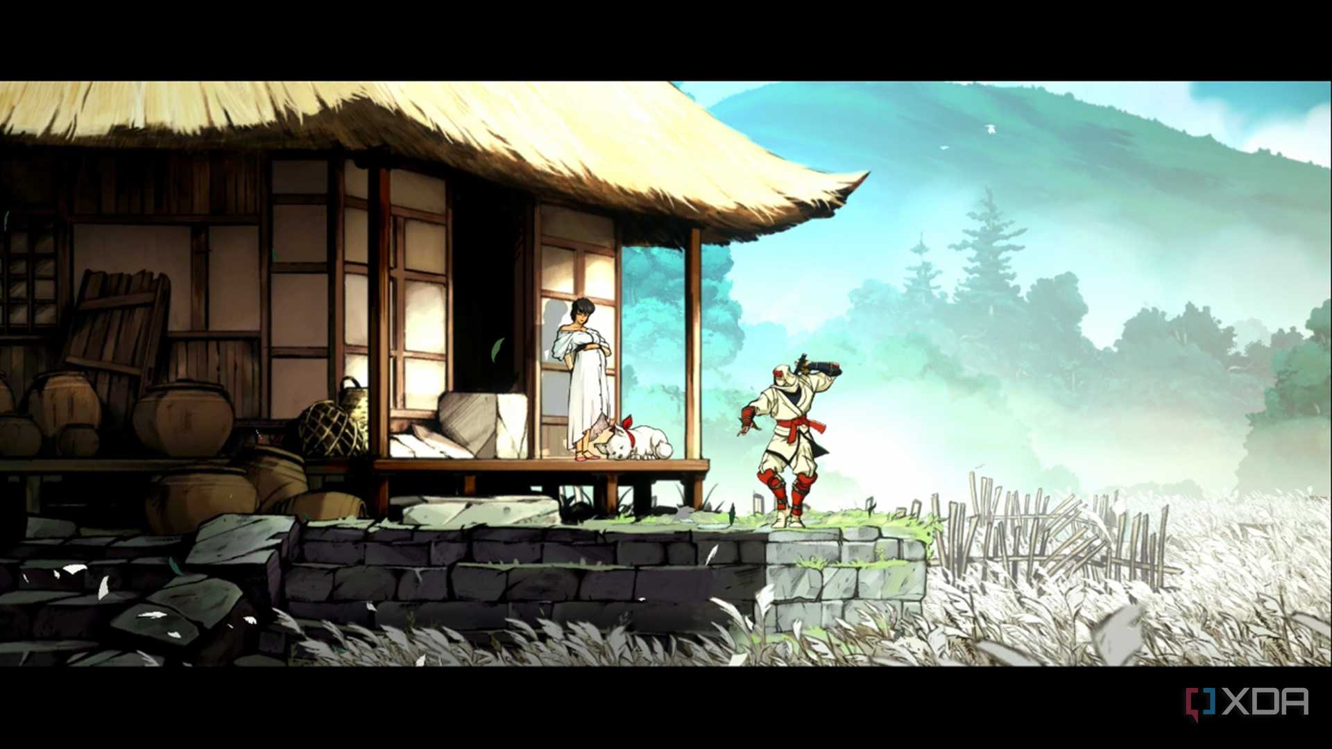 A screenshot of Joe Mushashi and his wife in Shinobi: Art of Vengeance