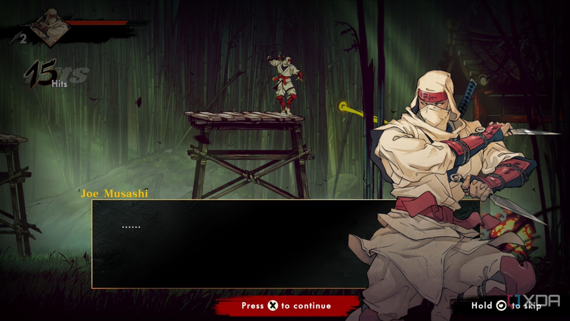 A screenshot of a dialogue scene in Shinobi: Art of Vengeance