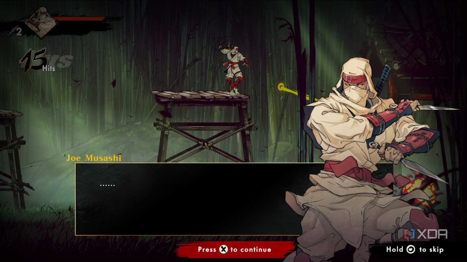 A screenshot of a dialogue scene in Shinobi: Art of Vengeance