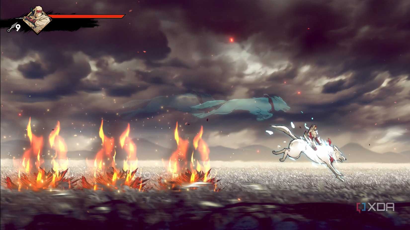 A screenshot of Joe riding his wolf and avoiding hazards in Shinobi: Art of Vengeance