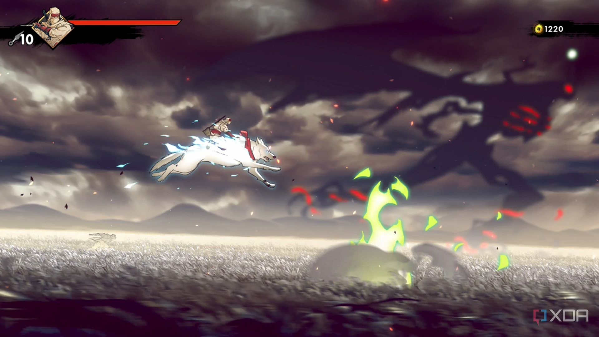 A screenshot of Joe riding his wolf in Shinobi: Art of Vengeance
