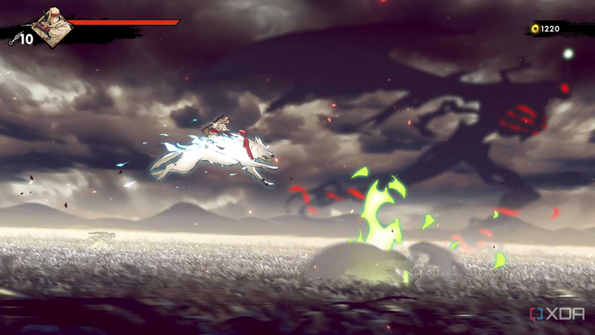 A screenshot of Joe riding his wolf in Shinobi: Art of Vengeance